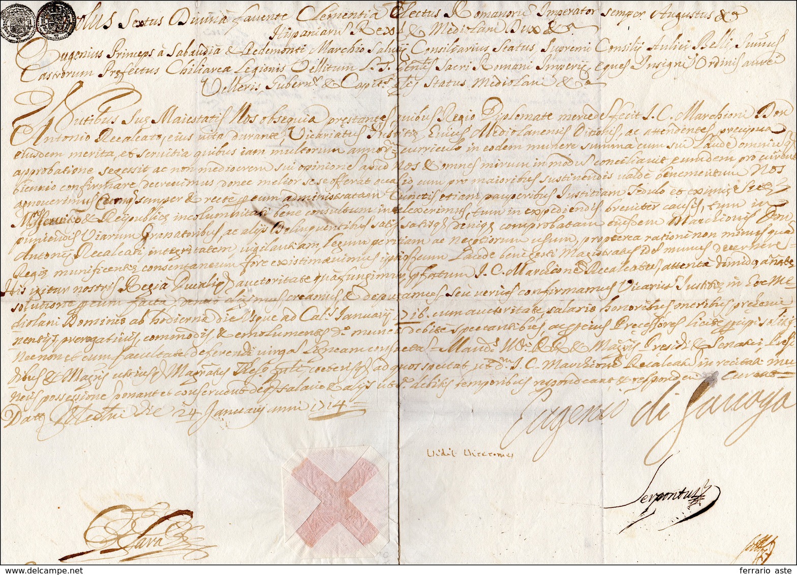 14 1714 - EUGENIO DI SAVOIA - Patente Autografa Di Eugenio Di Savoia, Datata 24/1/1714, Con Splendido S... - Altri & Non Classificati