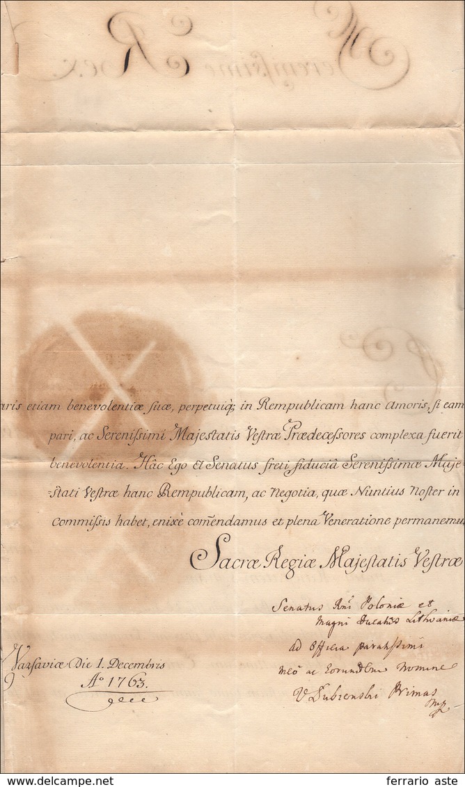 16 1763 - AUGUSTO III DI POLONIA  - Lettera Da Varsavia 1/12/1763 A Firma Di Augusto III, Re Di Polonia... - Sonstige & Ohne Zuordnung