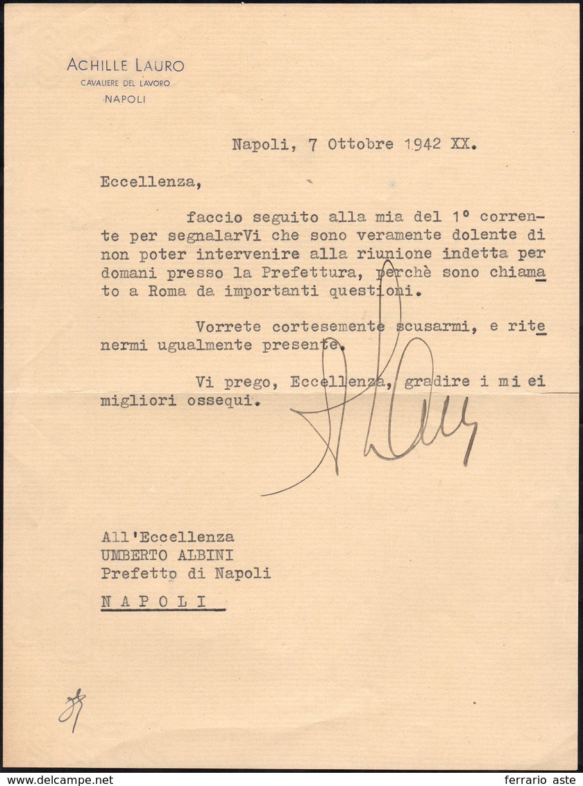 29 1942 - ACHILLE LAURO - Lettera Dattiloscritta Datata Napoli 7/10/1942 A Firma Di Achille Lauro, Arma... - Altri & Non Classificati