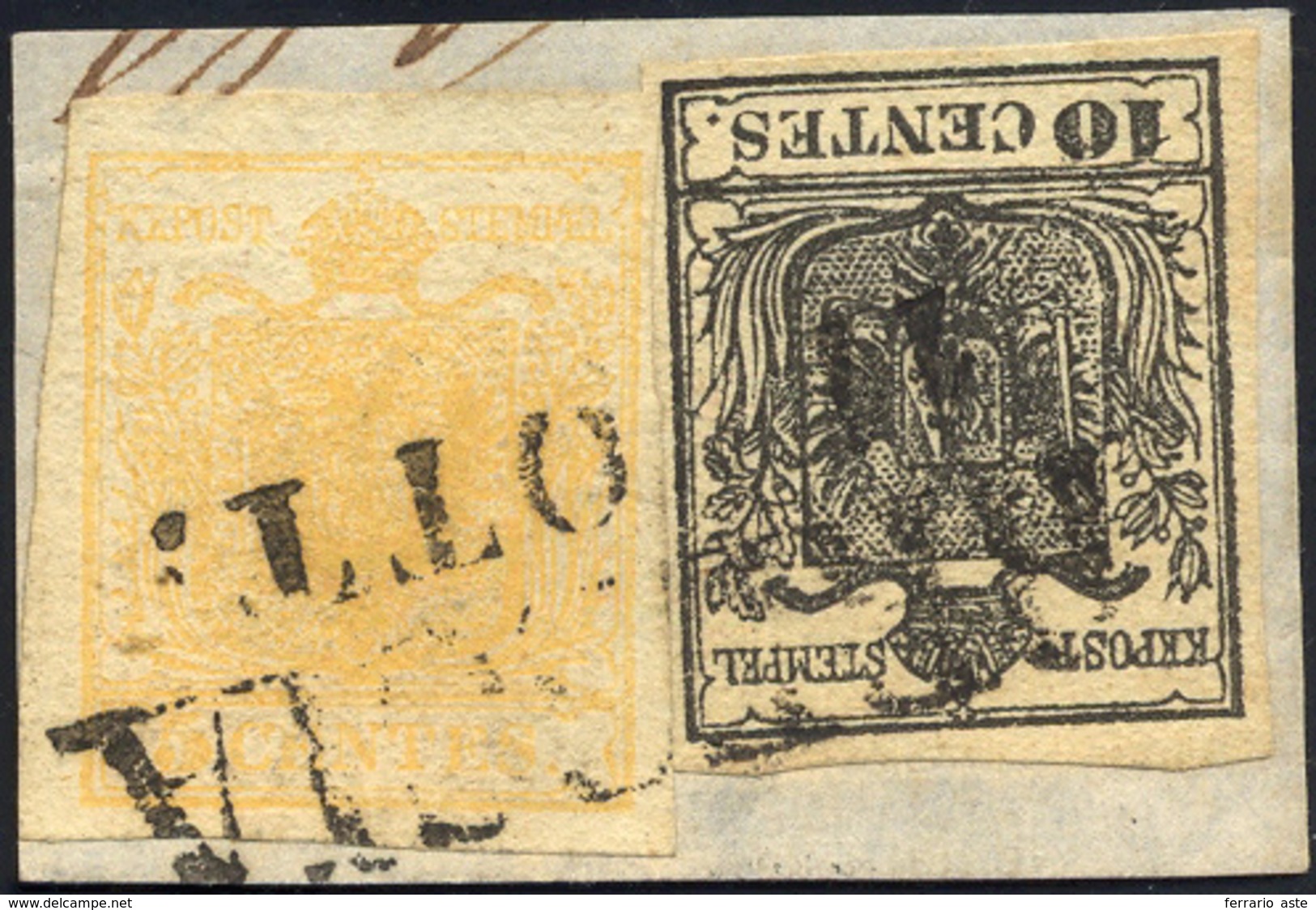 66 1850 - 5 Cent. Giallo Ocra, 10 Cent. Nero (1,2), Perfetti, Usati Su Piccolo Frammento A Brescia.... - Lombardy-Venetia