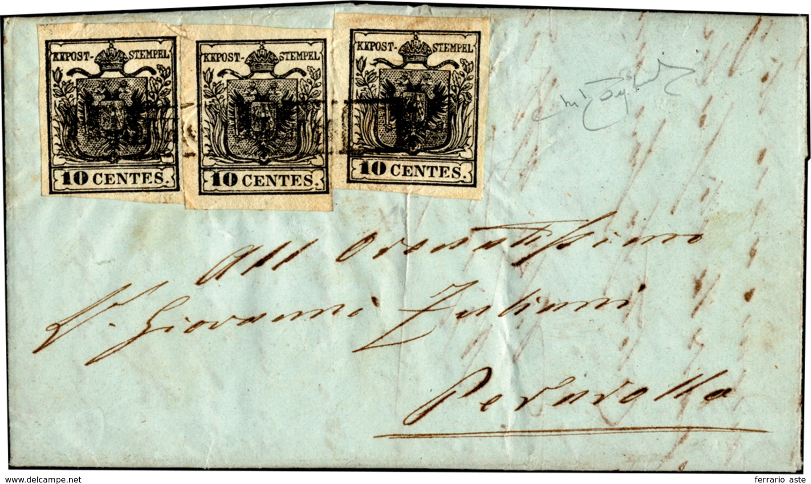 70 1855 - 10 Cent. Nero Intenso (2d), Un Esemplare Del I Sottotipo E Due Del II, Perfetti, Su Lettera D... - Lombardy-Venetia