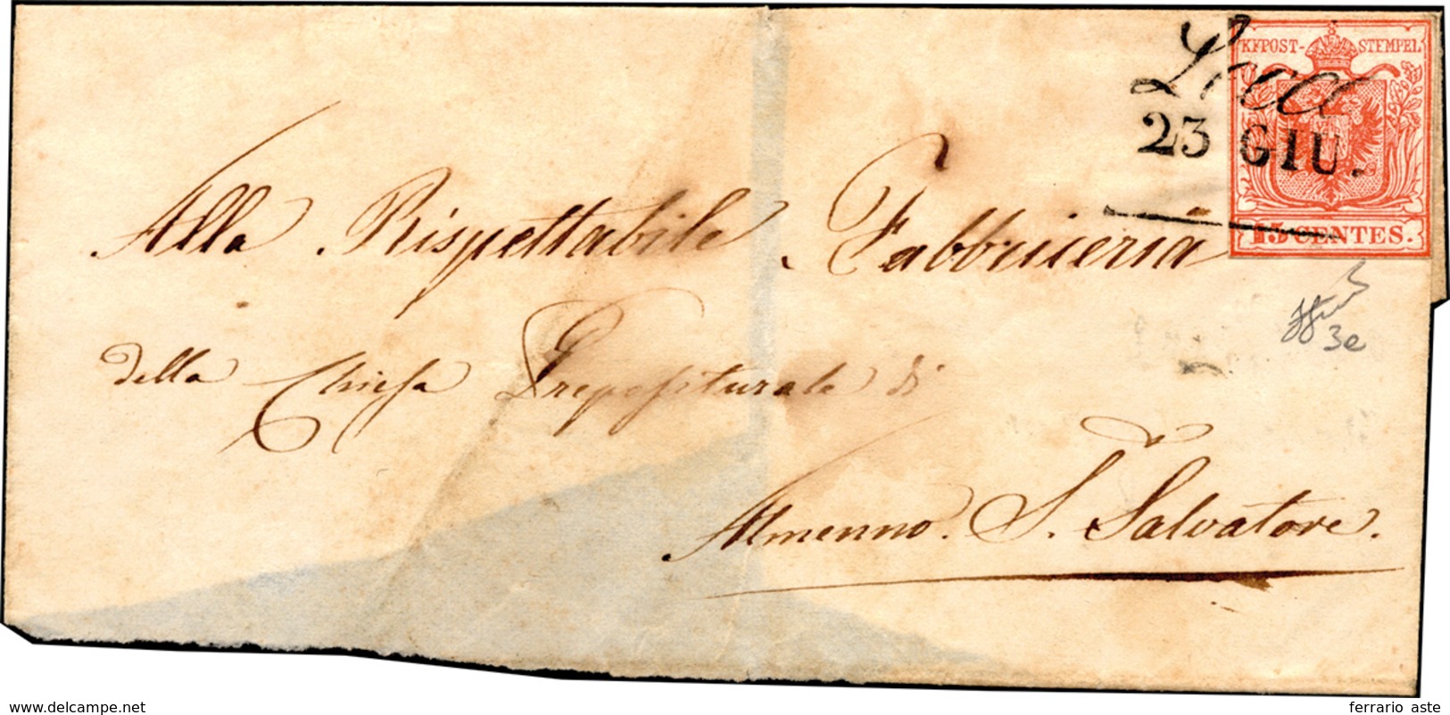 72 1850 - 15 Cent. Rosso, I Tiratura (3a), Ritagliato "lilliput", Su Sovracoperta Di Lettera, Senza Il ... - Lombardy-Venetia