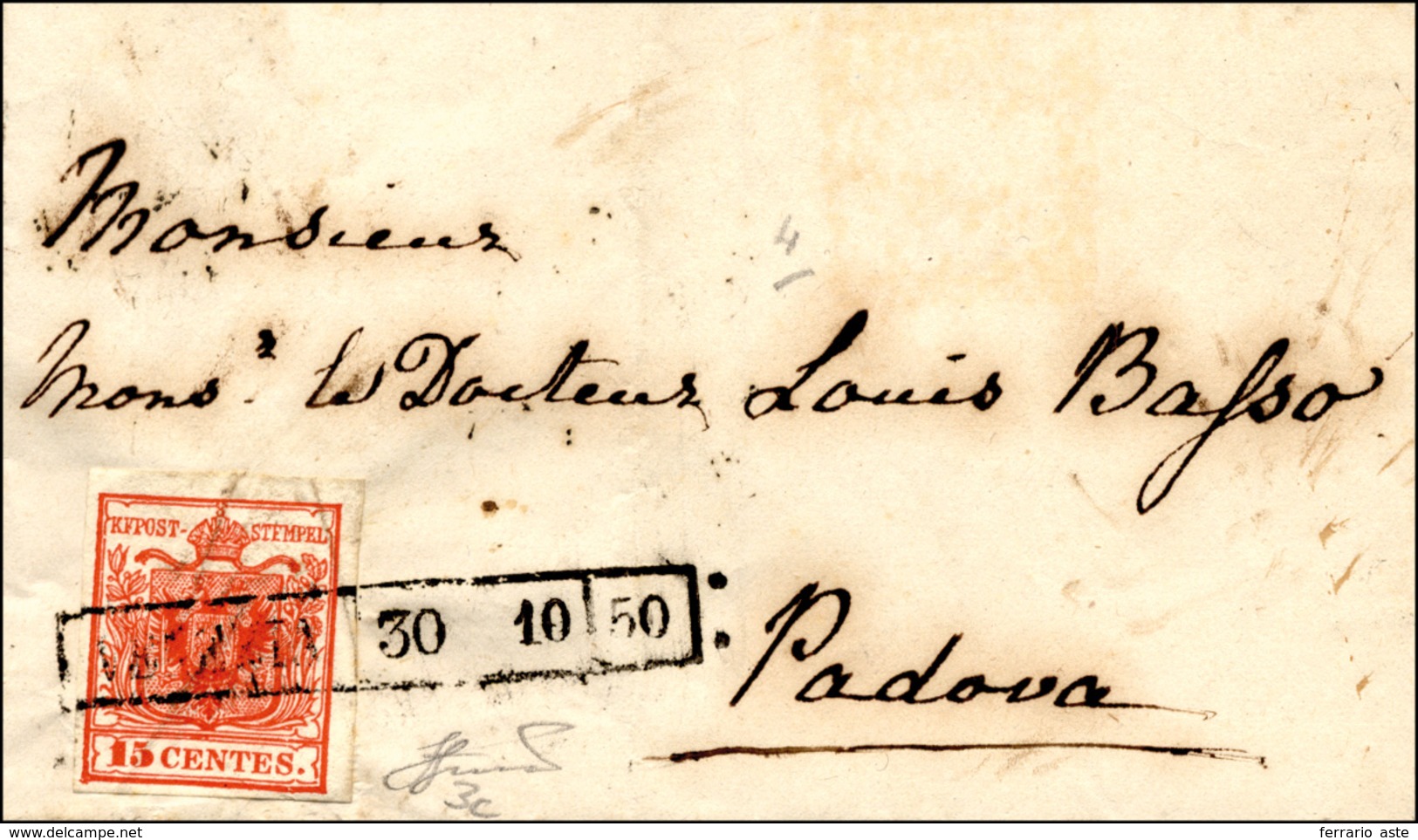 73 1850 - 15 Cent. Rosso Carminio, I Tipo Carta A Mano (3c), Perfetto, Su Sovracoperta Di Lettera Da Ve... - Lombardije-Venetië