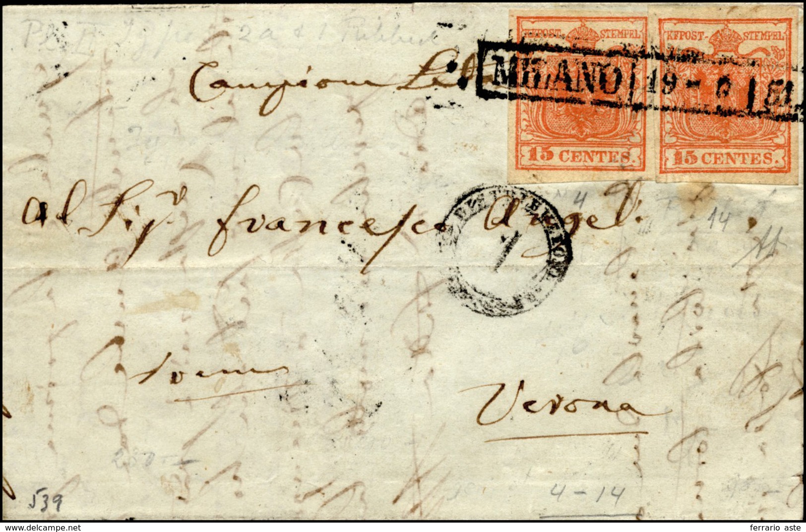 74 1851 - 15 Cent. Rosso Vermiglio, II Tipo, Carta A Mano, 15 Cent. Rosso Vermiglio, I Tipo, Carta A Co... - Lombardy-Venetia