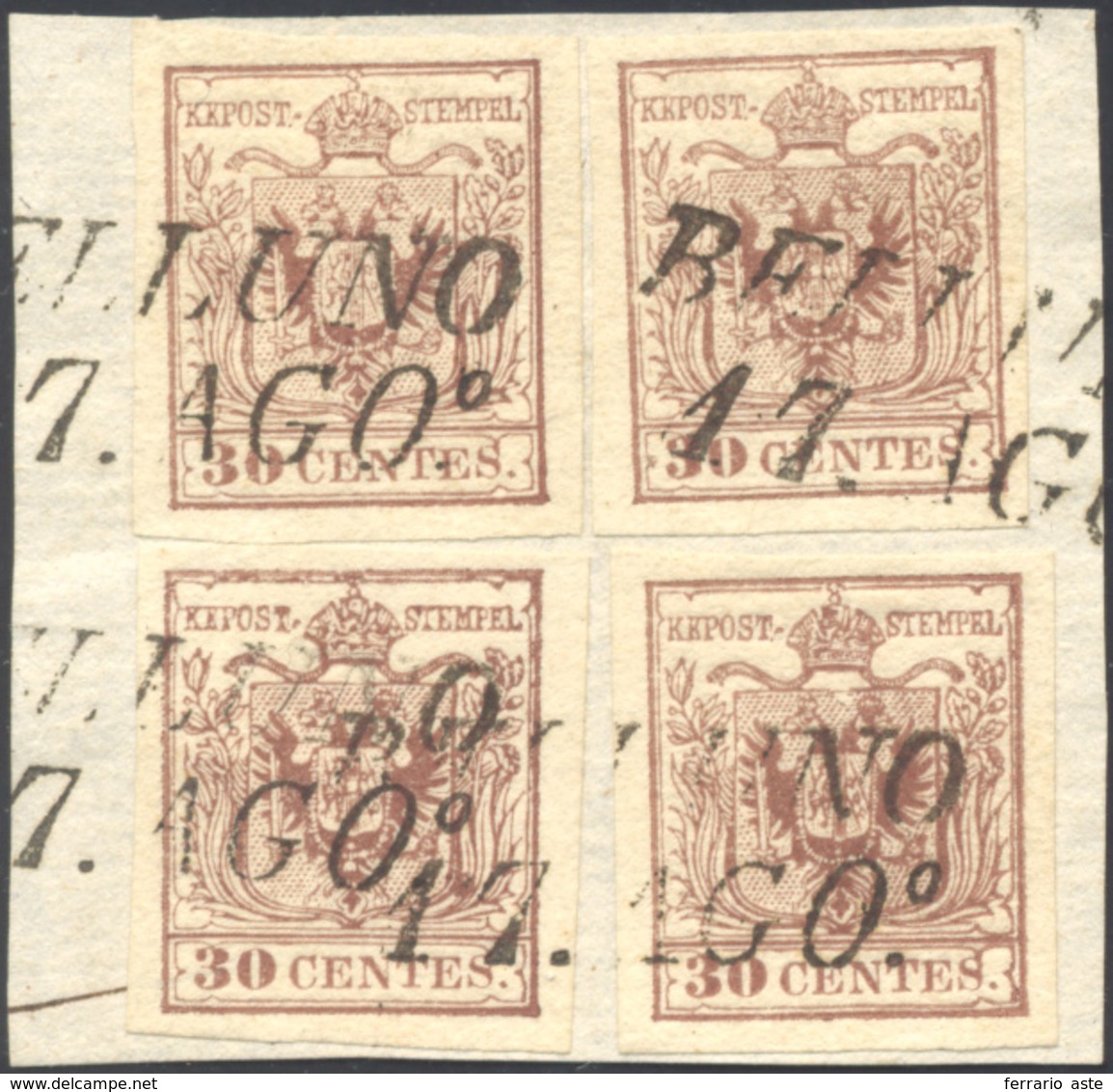 77 1854 - 30 Cent. Bruno Lillaceo, II Tipo, Carta A Mano (9), Quattro Esemplari Perfetti, Usati Su Fram... - Lombardo-Venetien