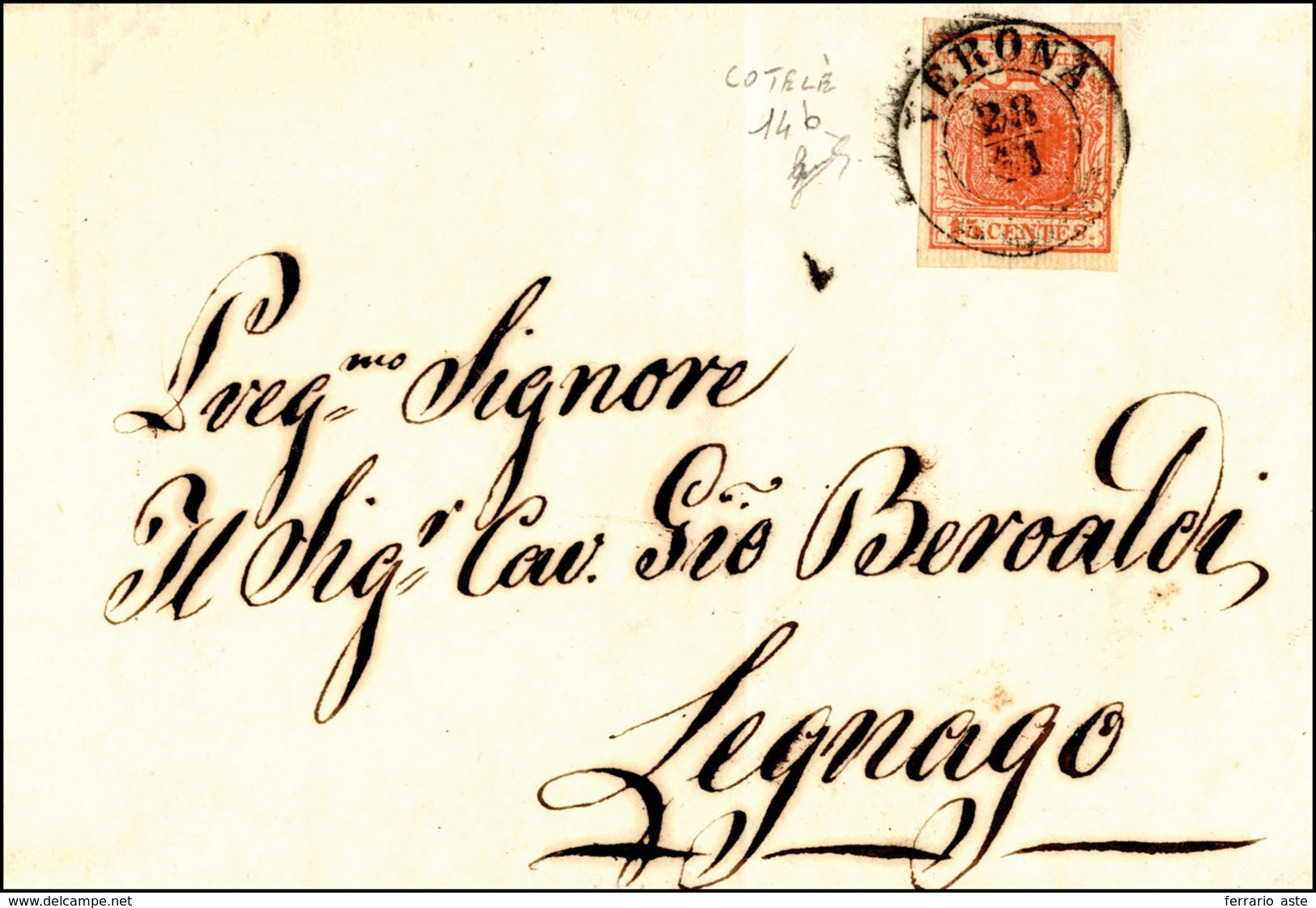 79 1851 - 15 Cent. Rosso Vermiglio Intenso, I Tipo, Carta A Coste Verticali (14b), Perfetto, Su Lettera... - Lombardo-Vénétie