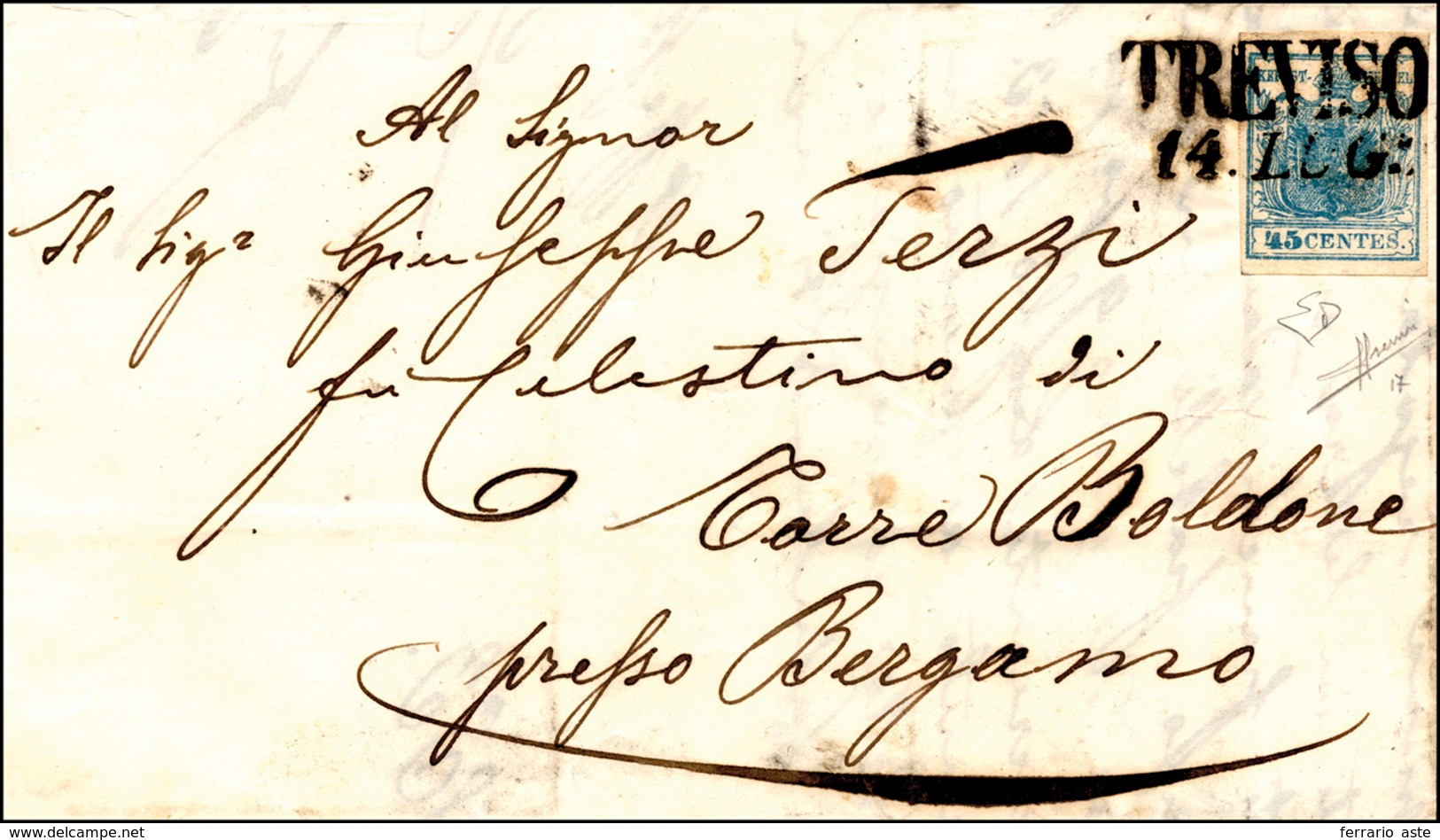 82 1863 - 45 Cent. Azzurro, I Tipo, Carta Costolata (17), Perfetto, Su Lettera Da Treviso 24/7/1853 A B... - Lombardy-Venetia