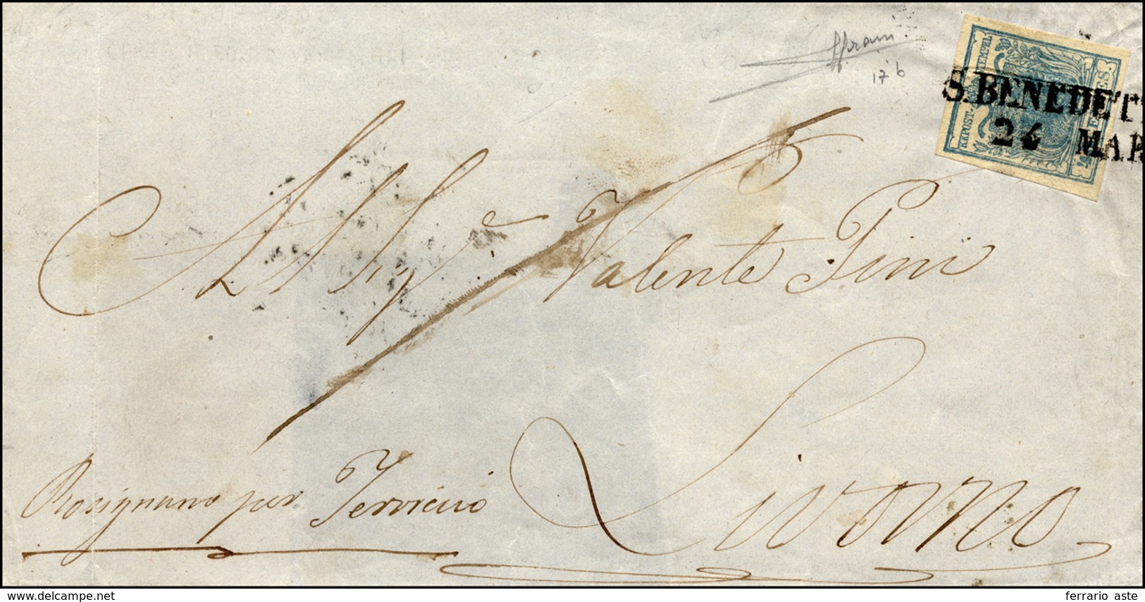 83 1853 - 45 Cent. Azzurro Ardesia, Carta A Coste Verticali (17b), Perfetto, Su Sovracoperta Di Lettera... - Lombardo-Vénétie