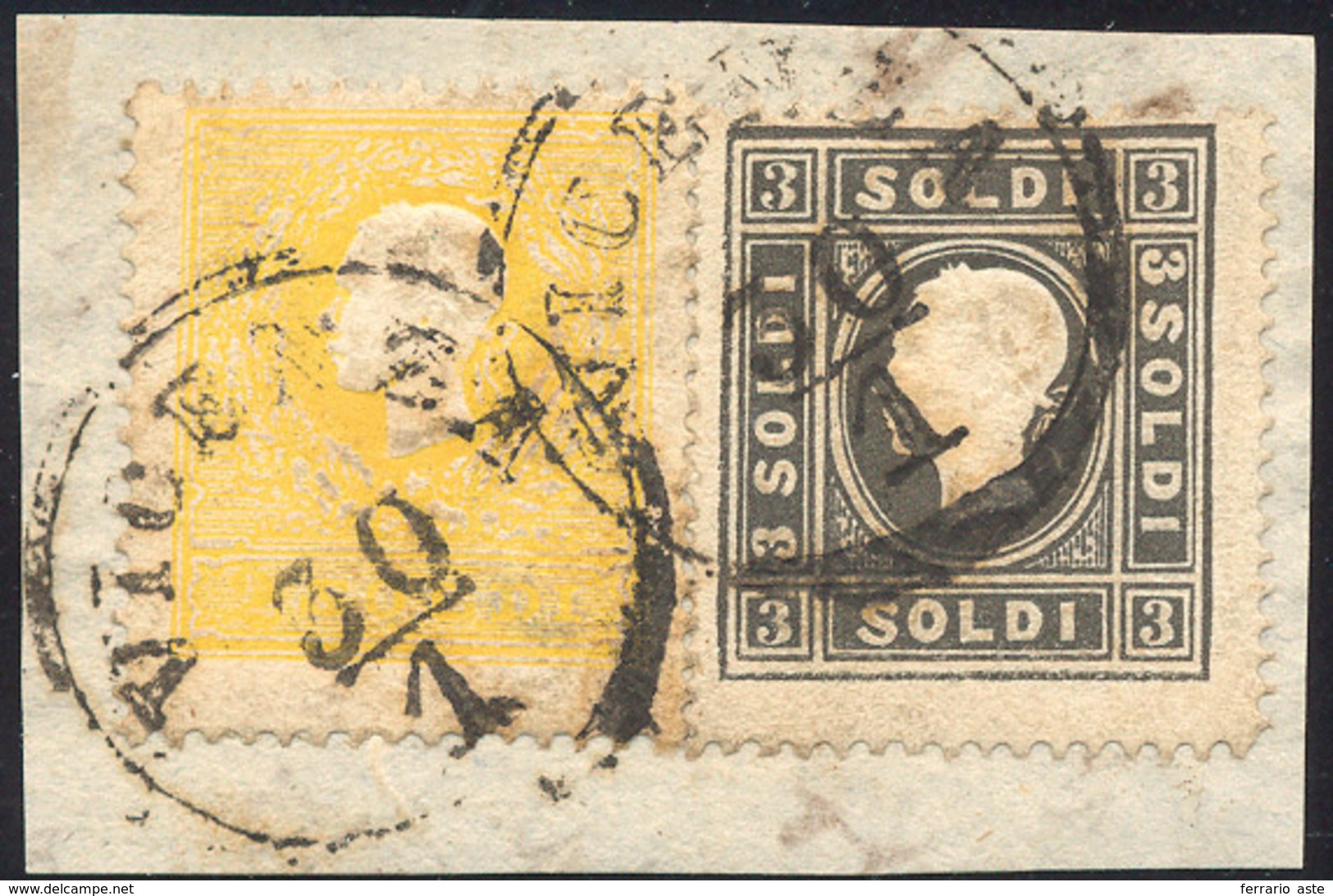 87 1858 - 2 Soldi Giallo E 3 Soldi Nero, Entrambi I Tipo (23,24), Perfetti, Usati Su Frammento A Vicenz... - Lombardo-Vénétie