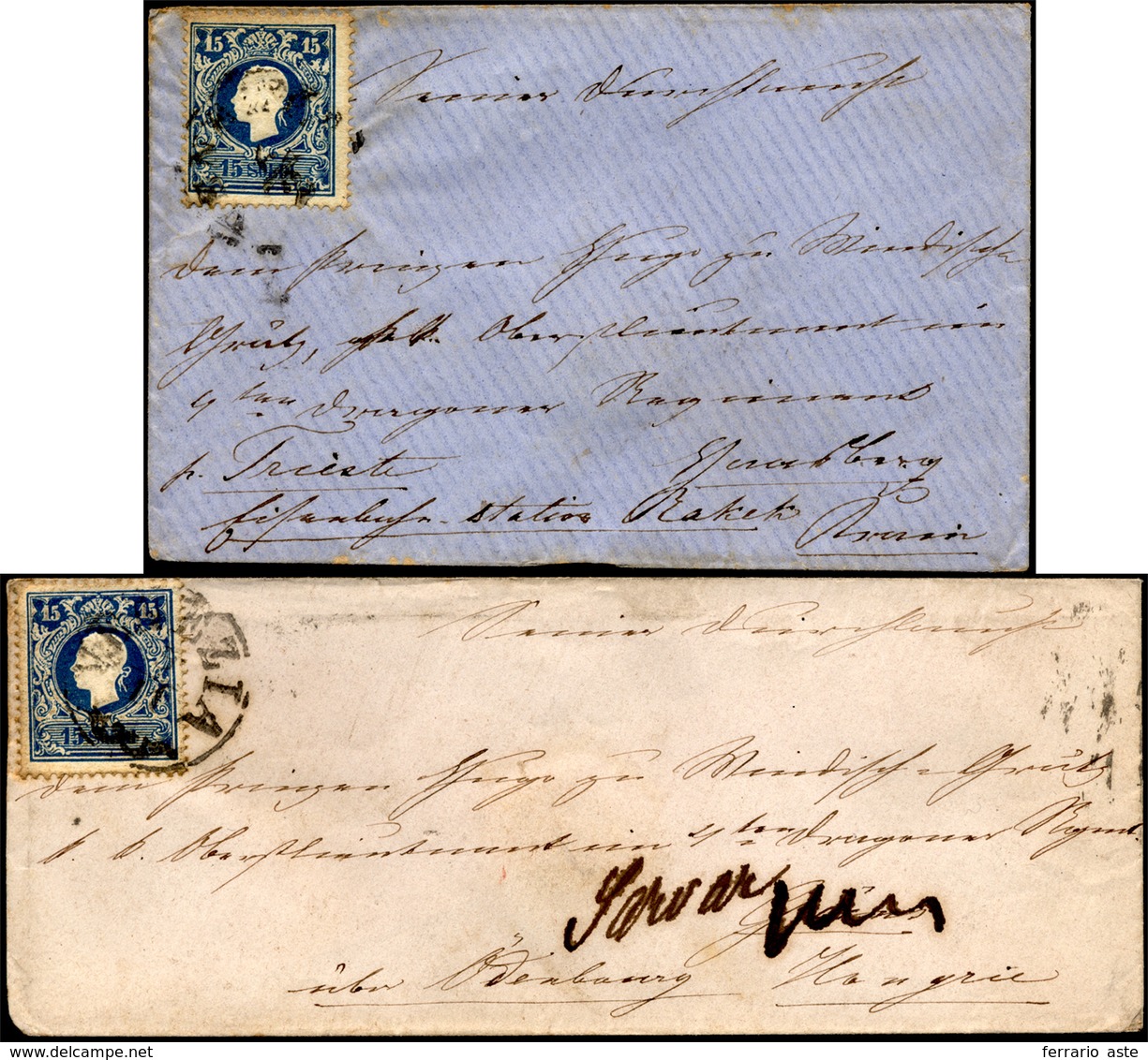 98 1859 - 15 Soldi Azzurro (32), Due Esemplari, Perfetti, Su Altrettante Lettere Da Venezia Per L'Unghe... - Lombardije-Venetië
