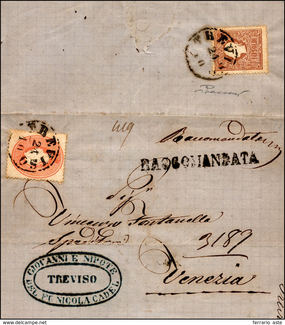 101 1861 - 5 Soldi Rosso E, Al Verso, 10 Soldi Bruno, II Tipo (33,31), Perfetti, Su Lettera Raccomandata... - Lombardije-Venetië