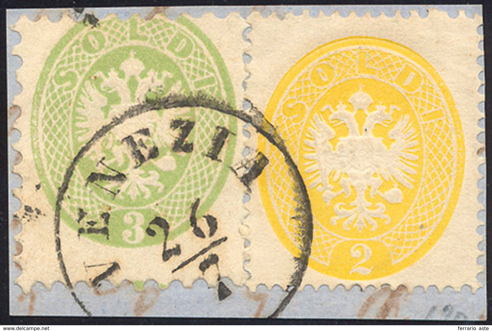 103 1864 - 2 Soldi Giallo, Dent. 14, E 3 Soldi Verde, Dent. 9 1/2 (36,42), Perfetti, Usati Su Frammento ... - Lombardo-Vénétie