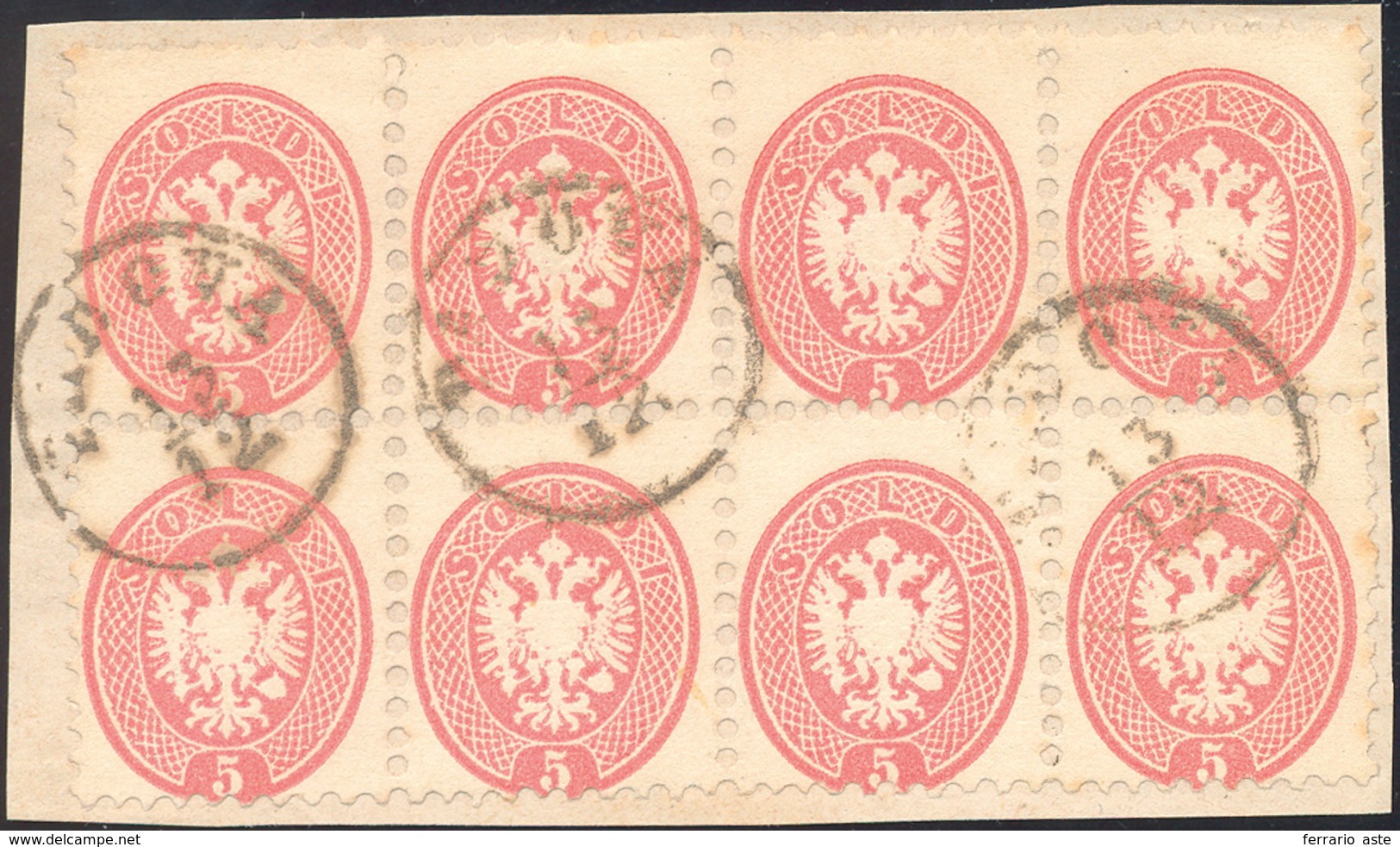 117 1864 - 5 Soldi Rosa, Dent. 9 1/2 (43), Eccezionale Blocco Di Otto Usato A Padova Su Frammento, Perfe... - Lombardy-Venetia