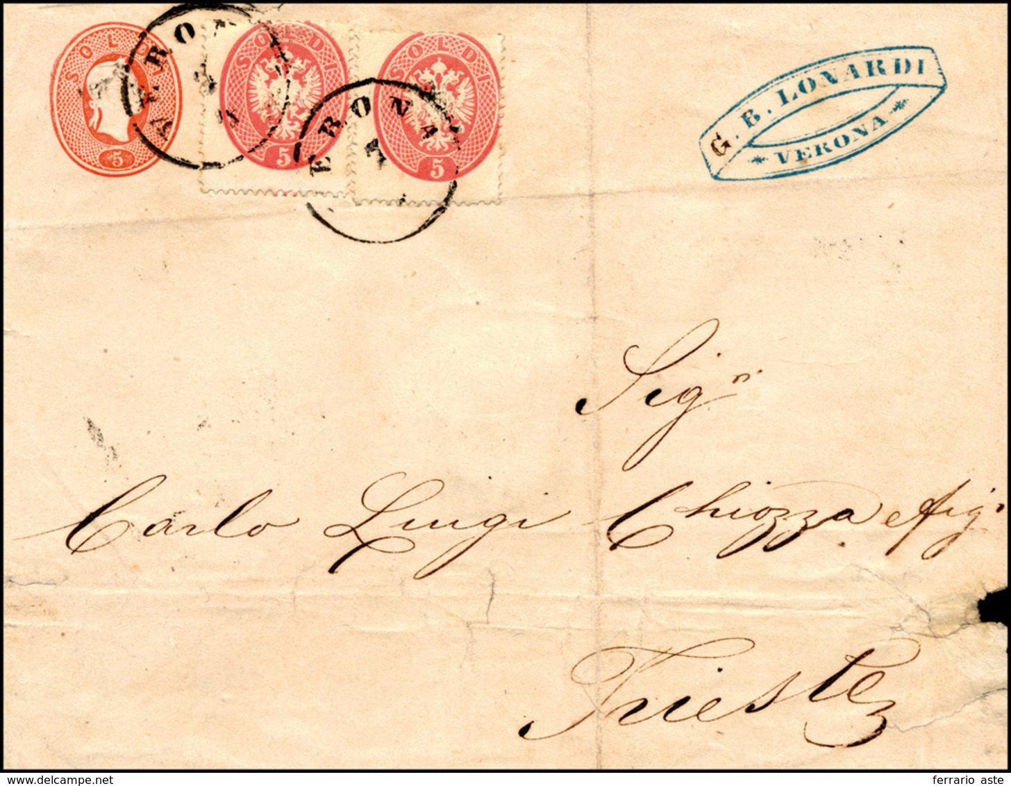 123 1861 - 5 Soldi Rosso Intero Postale, Formato 148x118 (2), Integrato Con 5 Soldi Rosa (43), Due Esemp... - Lombardo-Venetien