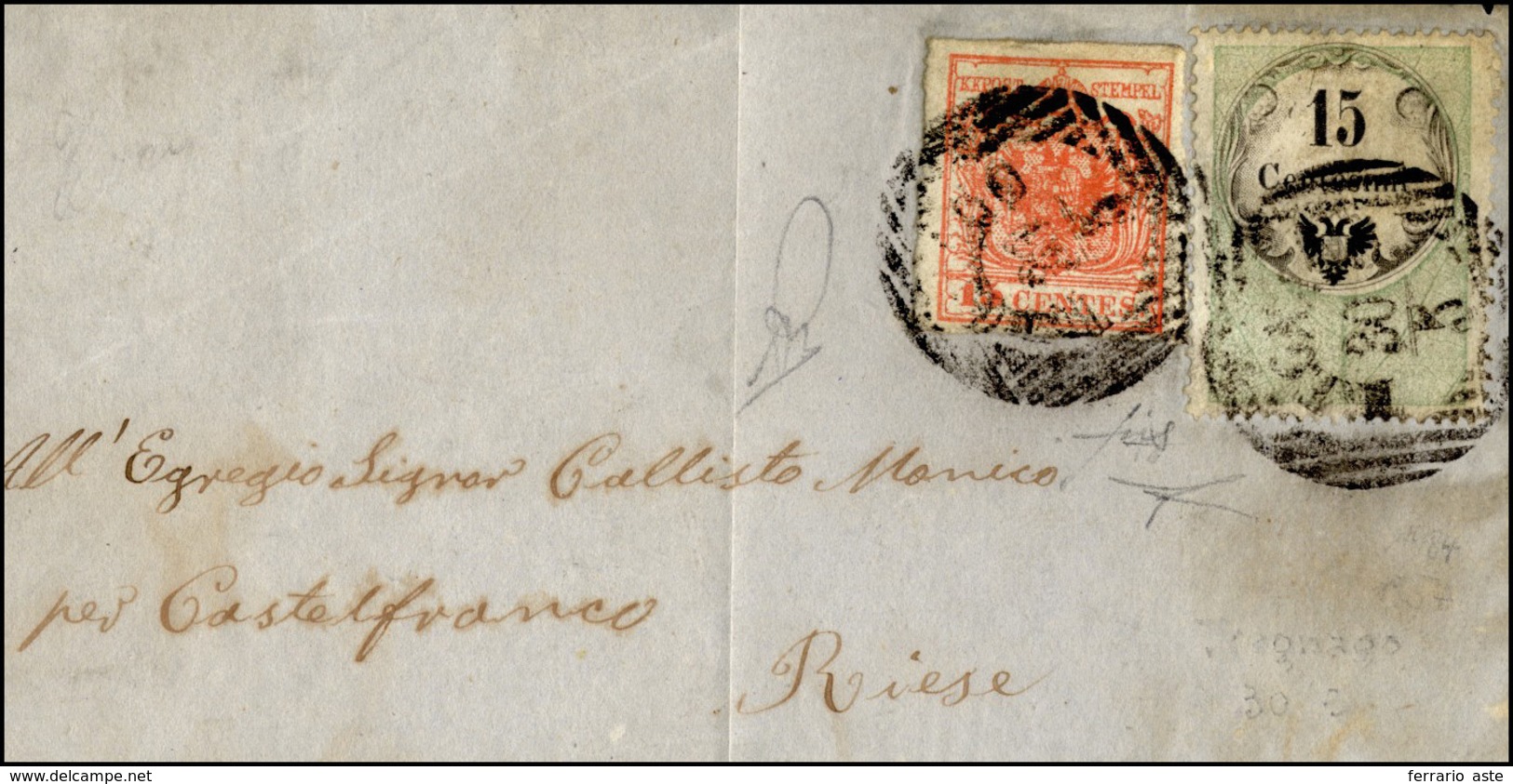 126 1854 - 15 Cent., Marca Da Bollo Tipografica (3), In Affrancatura Mista Con 15 Cent. Rosso Vermiglio,... - Lombardo-Vénétie