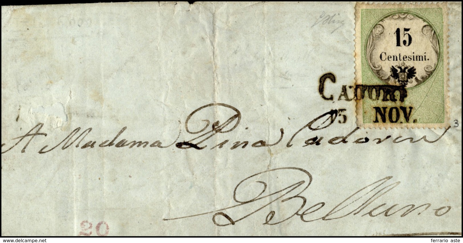 128 1854 - 15 Cent., Marca Da Bollo Tipografica (3), Perfetta, Su Sovracoperta Di Lettera Da Cadore 15/1... - Lombardo-Vénétie