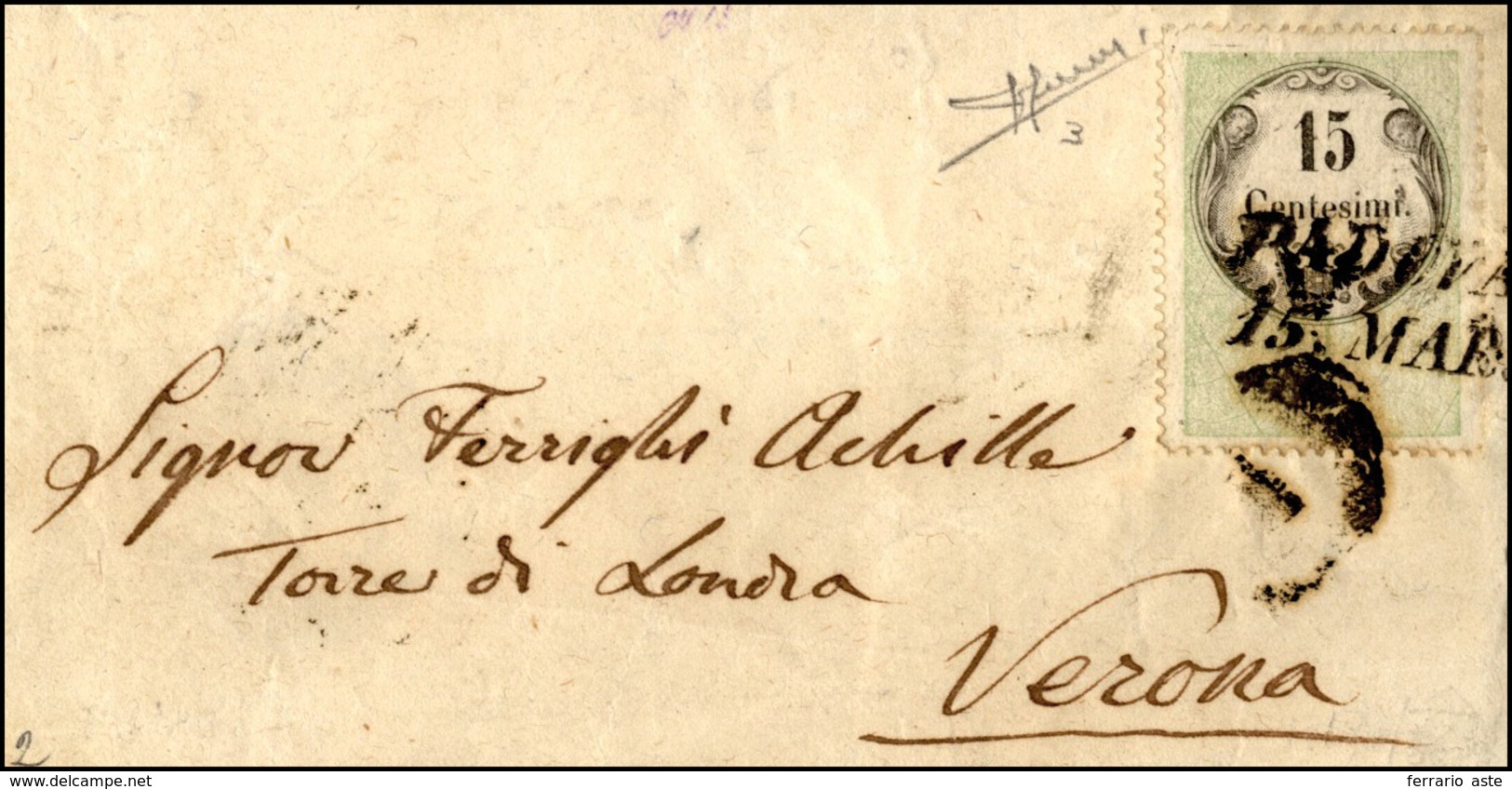 129 1854 - 15 Cent., Marca Da Bollo Tipografica (3), Perfetta, Su Sovracoperta Di Lettera Da Padova 15/3... - Lombardije-Venetië