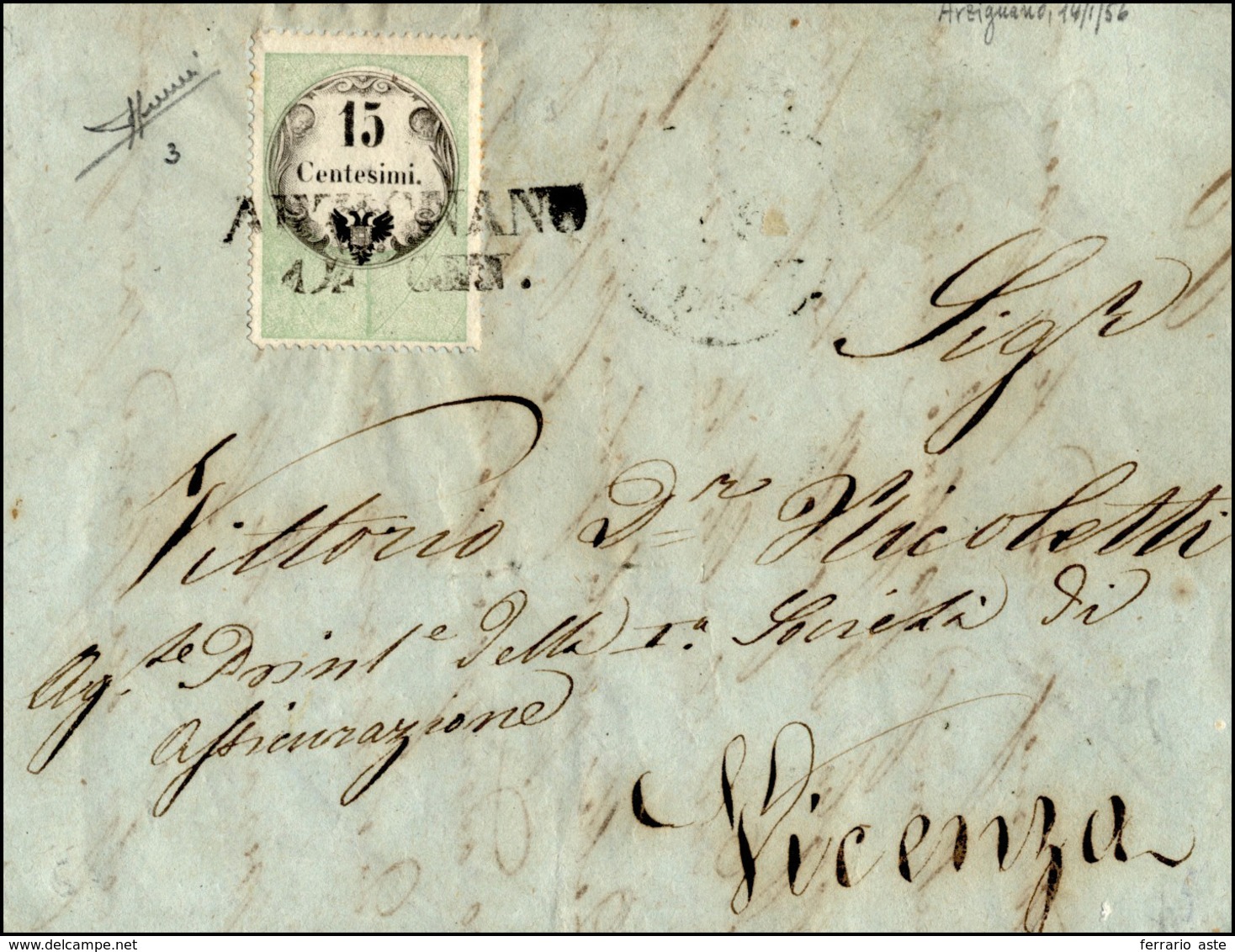 133 1856 - 15 Cent., Marca Da Bollo Tipografica (3), Perfetta, Su Lettera Da Arzignano 14/1/1856 (punti ... - Lombardije-Venetië