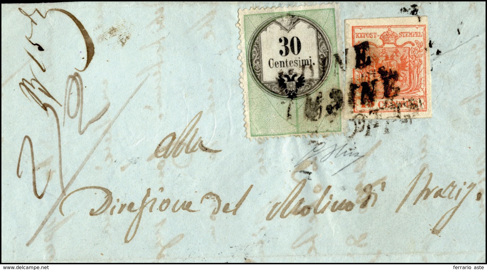 134 1854 - 30 Cent., Marca Da Bollo Tipografica (4), Perfetta, In Affrancatura Mista Con 15 Cent. Rosso ... - Lombardo-Venetien