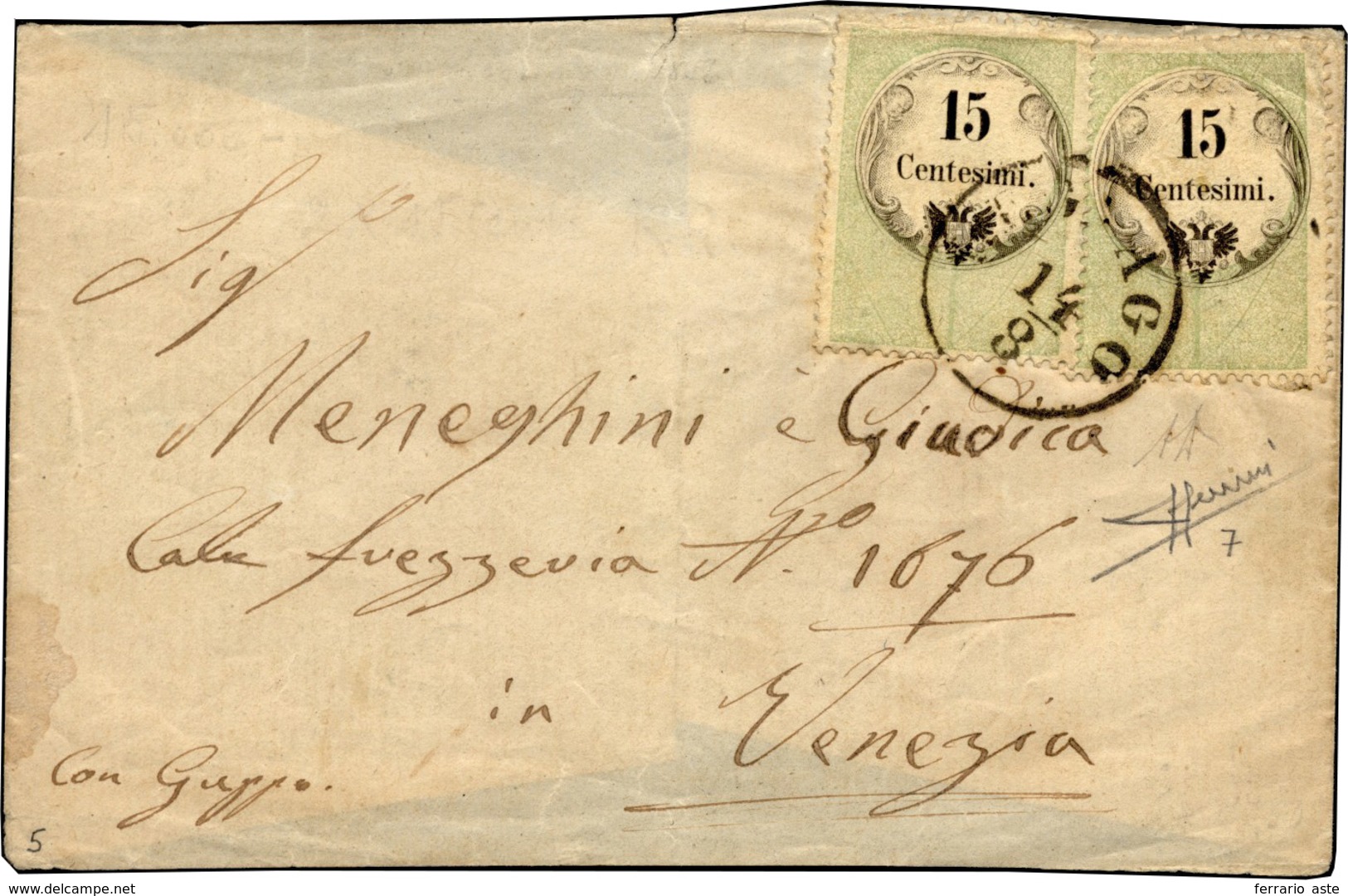 137 1854 - 15 Cent., Marca Da Bollo Calcografica (7), Due Esemplari, Buono Stato, Su Frontespizio Di Let... - Lombardy-Venetia