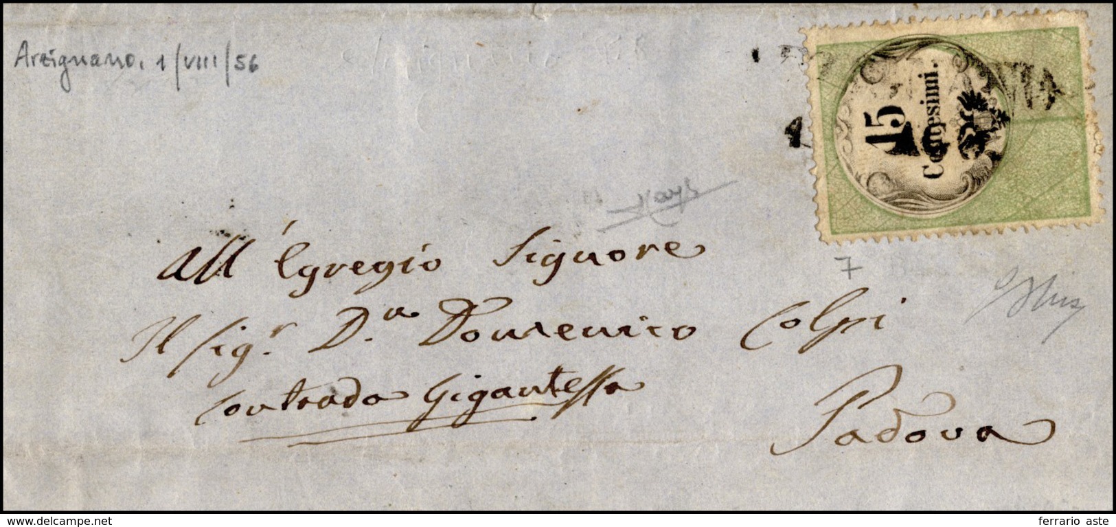 139 1856 - 15 Cent., Marca Da Bollo Calcografica (7), Perfetta, Su Lettera Da Arzignano 1/8/1856 (punti ... - Lombardo-Vénétie