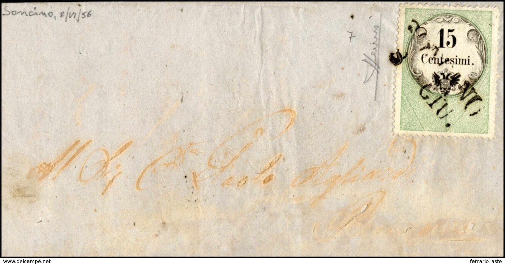 141 1856 - 15 Cent., Marca Da Bollo Calcografica (7), Perfetta, Su Lettera Da Soncino 8/6/1856 (punti 9)... - Lombardy-Venetia