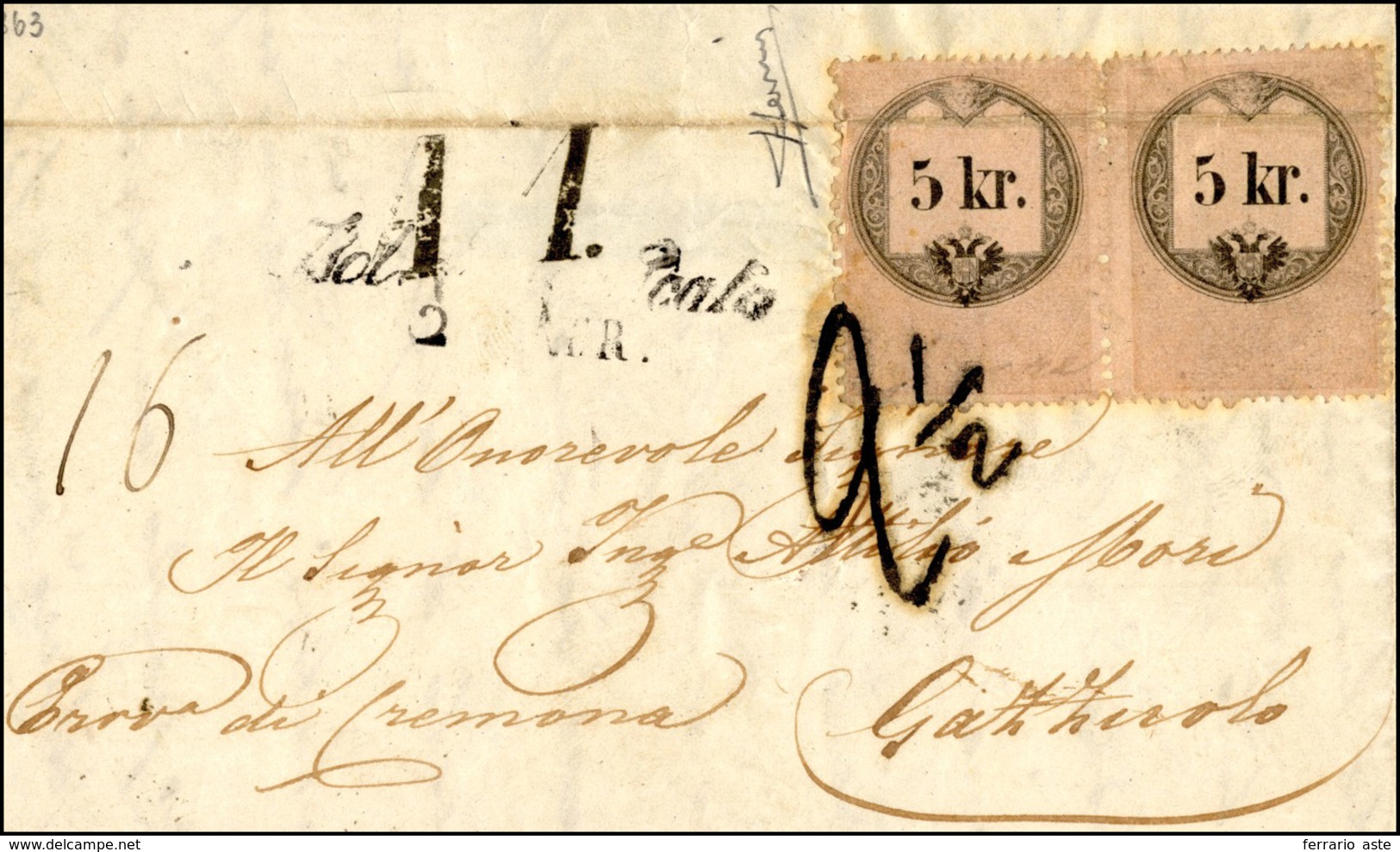 149 1863 - 5 Kr., Marca Per Lettera Di Accompagnamento Di Pacchi Postali (5), Coppia, Applicata A Cavall... - Lombardije-Venetië