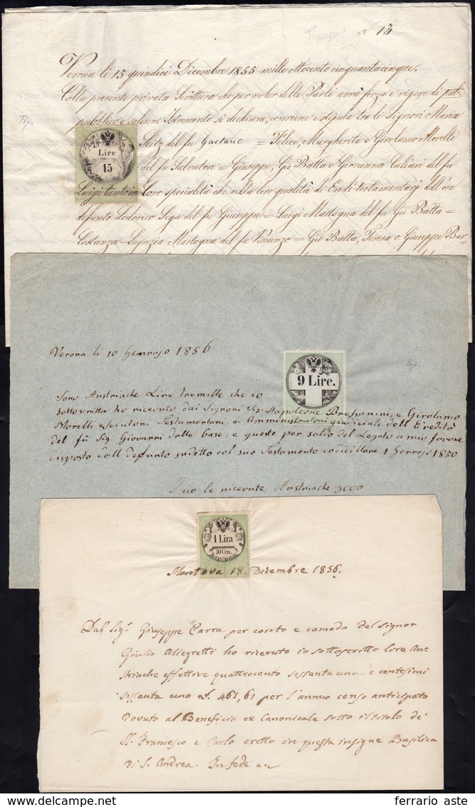 150 1855/56 - Tre Documenti Con Marche Da Bollo In Uso Fiscale, Rispettivamente Da 1,50 Lire, 9 Lire E 1... - Lombardo-Vénétie
