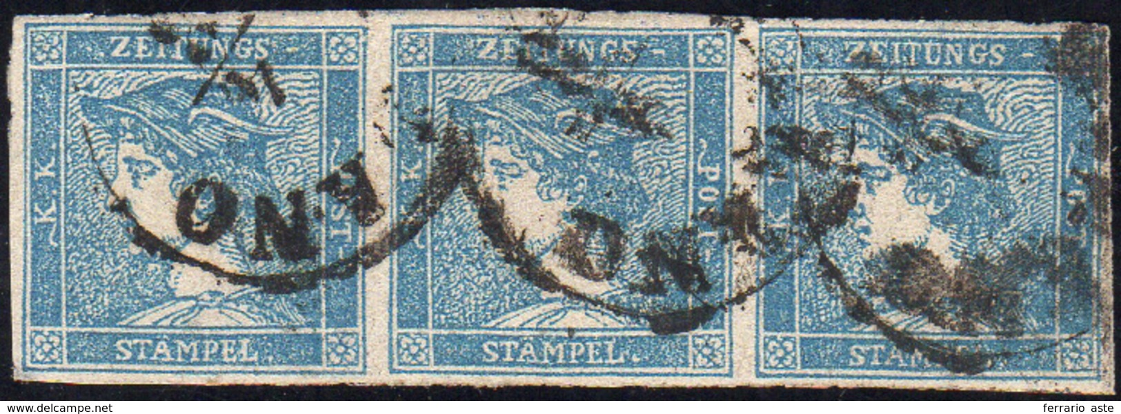 156 1855 - 3 Cent. Mercurio Azzurro, III Tipo (3), Striscia Di Tre, Un Esemplare Con Piccolo Punto Di As... - Lombardo-Venetien