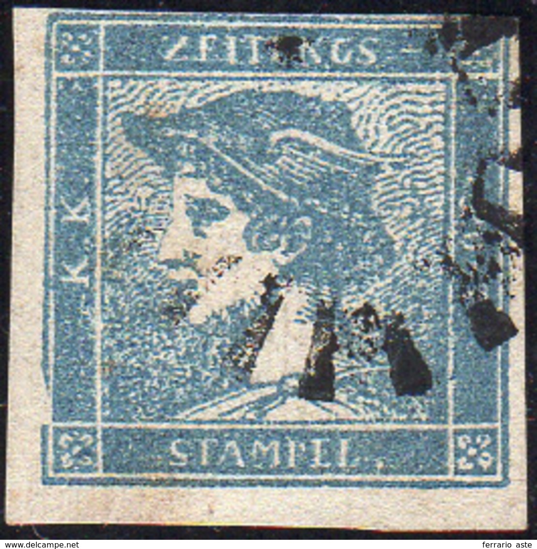 157 1851 - 3 Cent. Mercurio Azzurro, I Tipo, Carta A Coste Verticali (6), Bella Varietà Di Clichè, Perfe... - Lombardy-Venetia