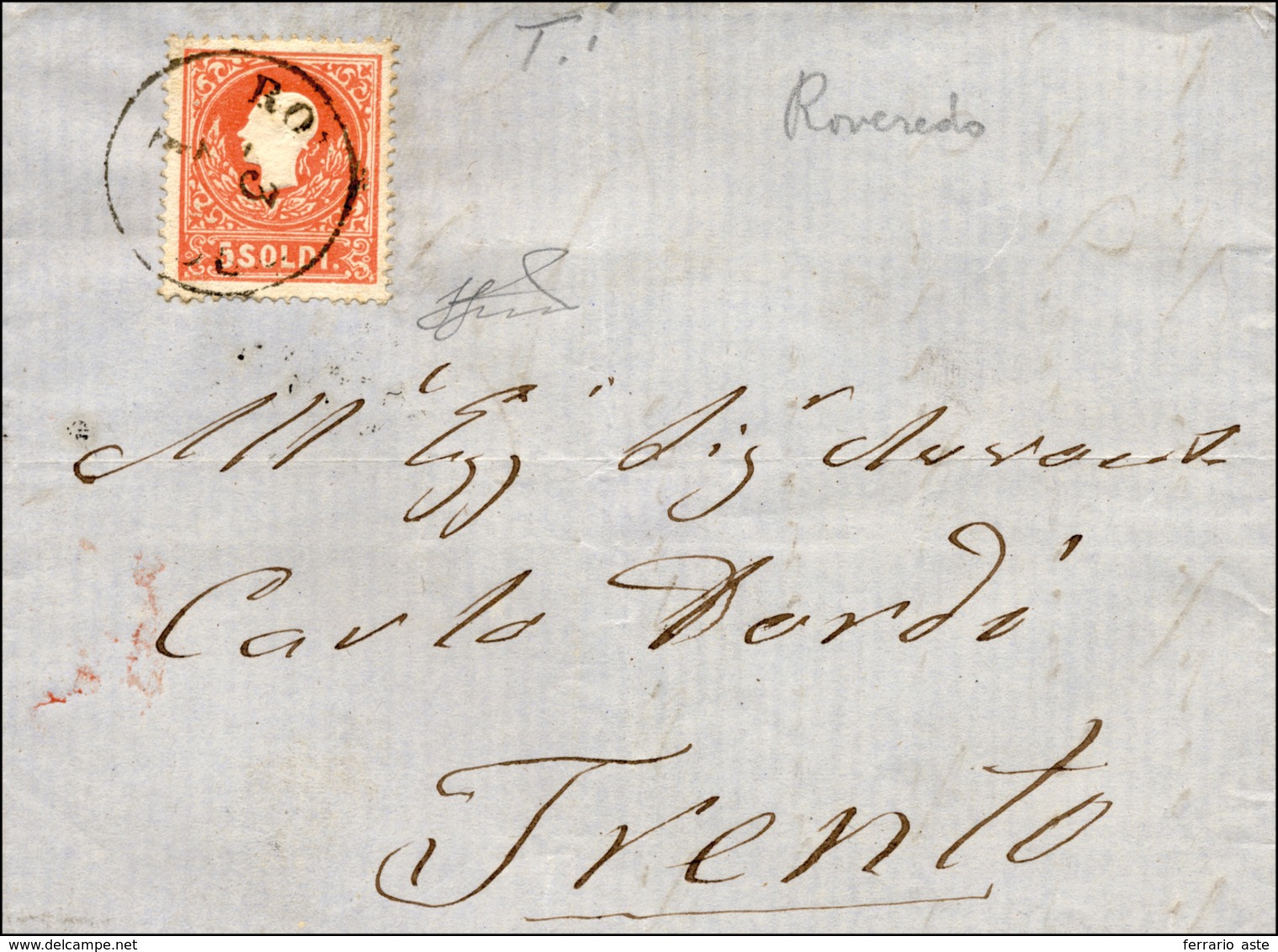 173 1859 - 5 Soldi Rosso, I Tipo (25), Perfetto, Su Lettera Da Roveredo 3/1/1859 A Trento. Non Comune Us... - Lombardije-Venetië