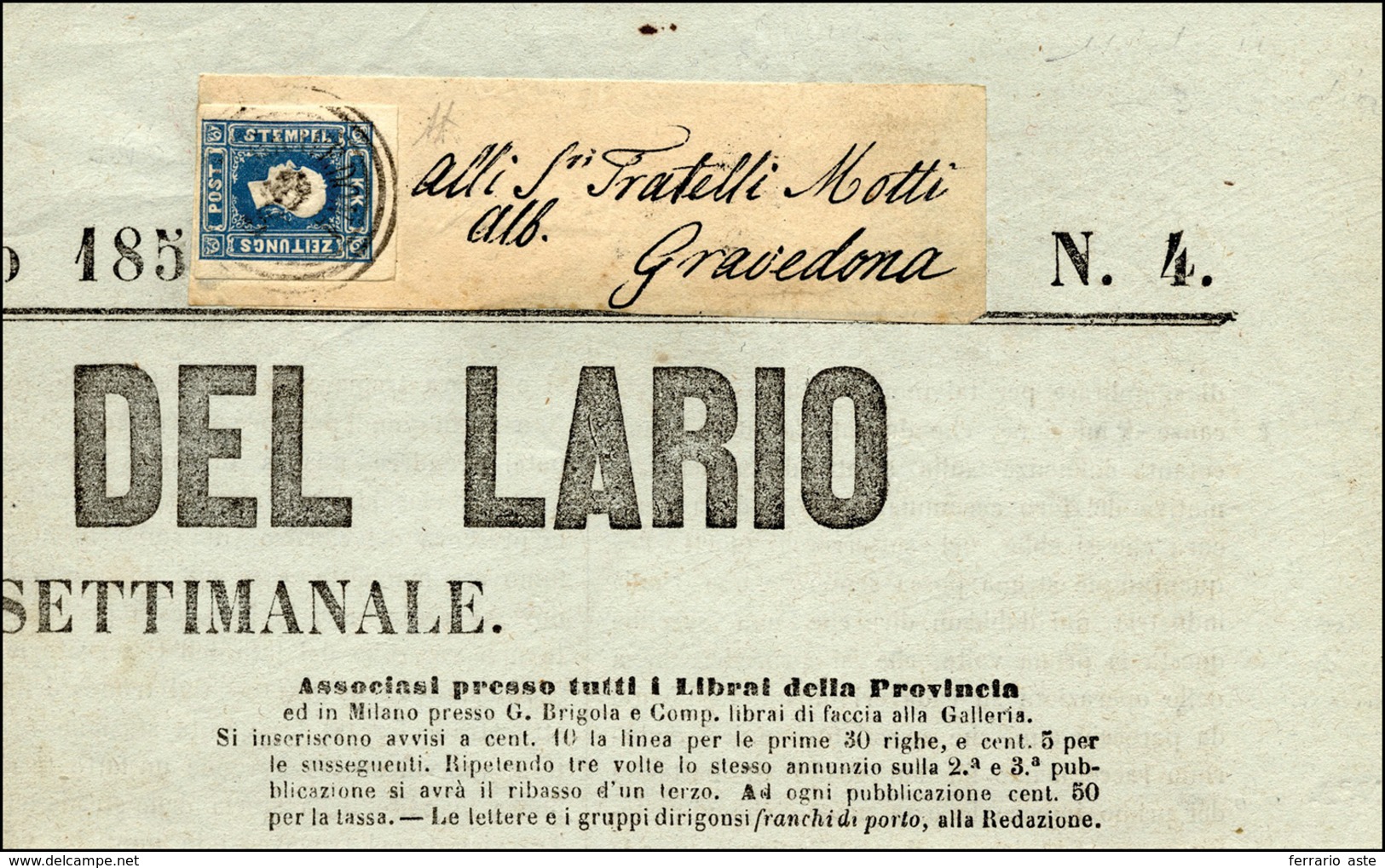 174 1859 - 1,05 Soldi Azzurro (8), Perfetto, Su Gran Parte Di Giornale Per Gravedona, Maggio 1859 (punti... - Lombardo-Vénétie