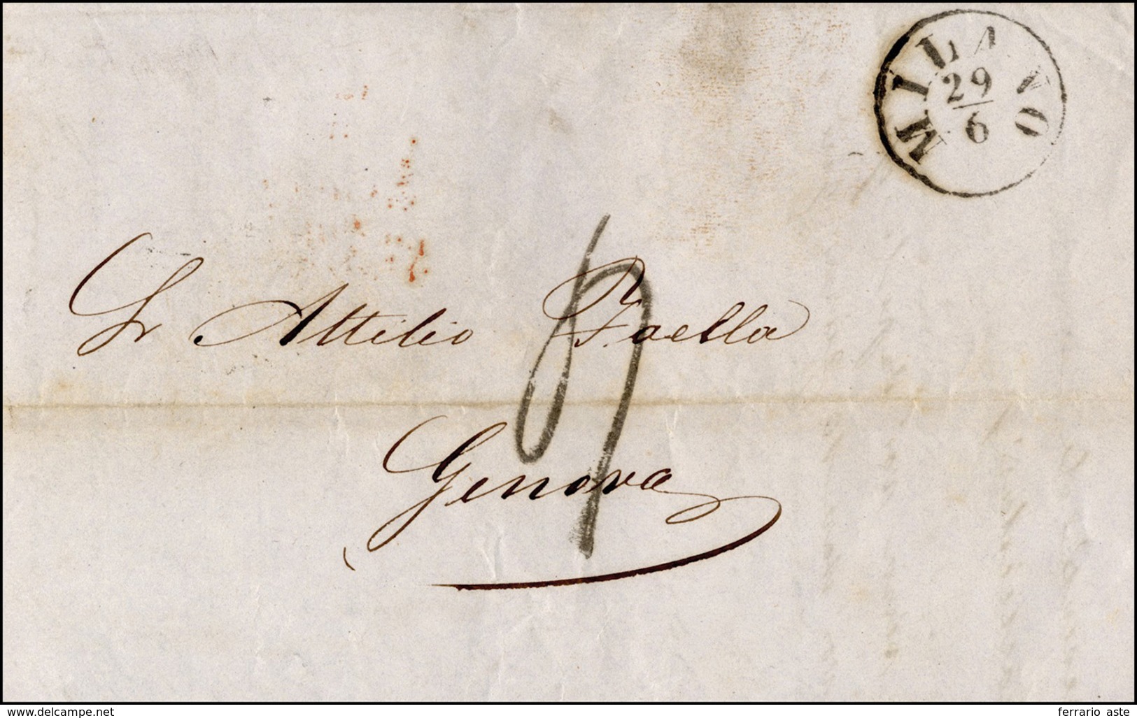 175 1859 - Lettera Non Affrancata Da Milano 29/6/1859 A Genova, Tassata In Arrivo 40 Cent. Secondo Le Ta... - Lombardije-Venetië