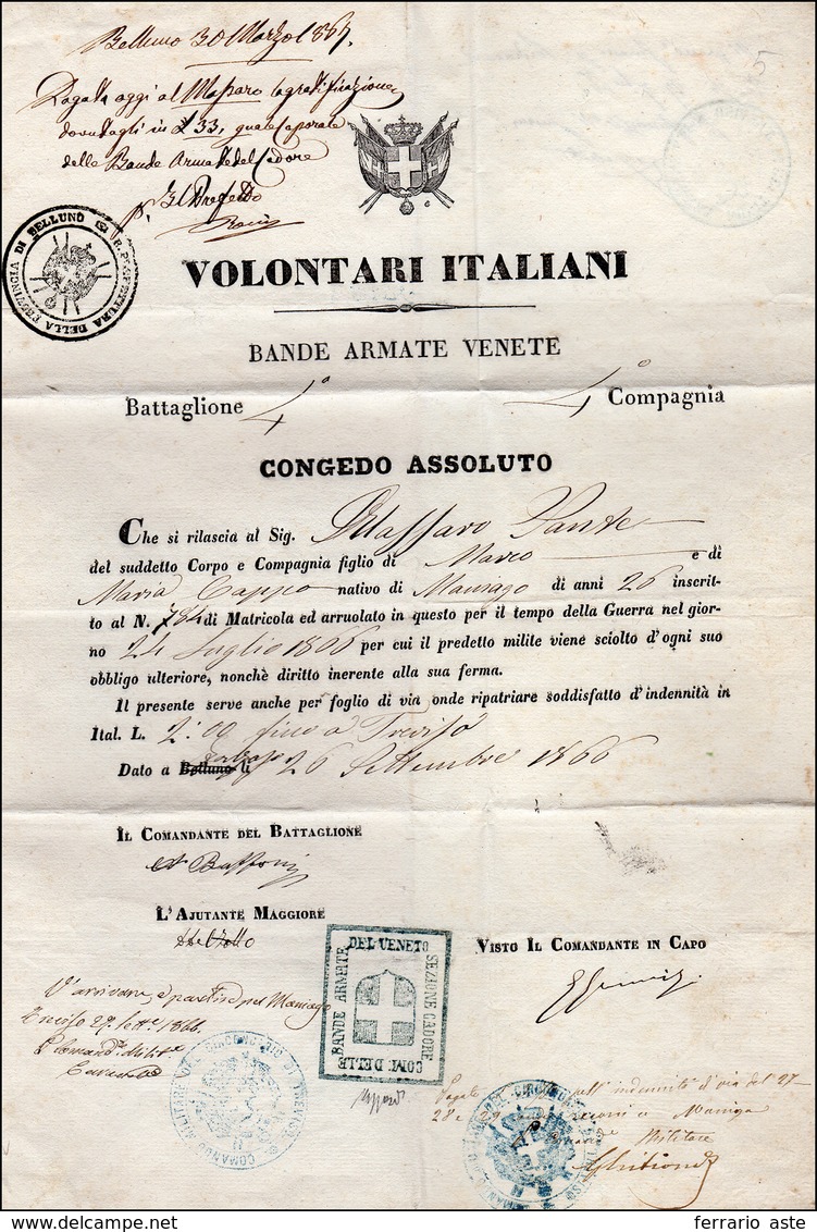 177 1866 - Foglio Di Congedo Rilasciato Il 26/9/1866 Ad Un Volontario Italiano Arruolatosi Il 24/7/1866 ... - Lombardo-Vénétie