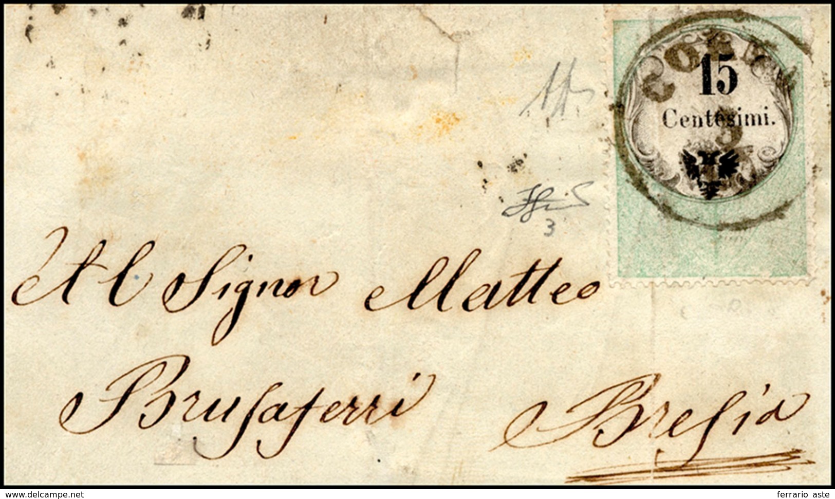 190 CORNA, C1 Punti 12 - 15 Cent. Marca Da Bollo Tipografica (3), Perfetta, Su Sovracoperta Di Lettera D... - Lombardo-Vénétie