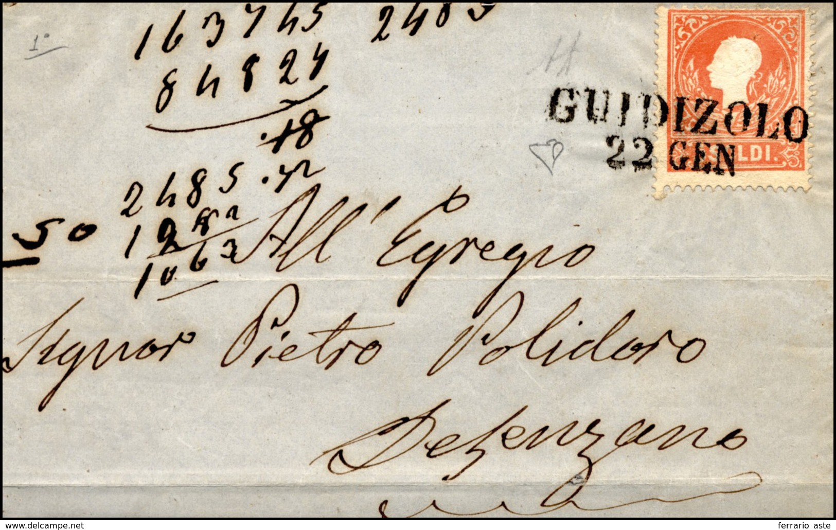 196 GUIDIZZOLO, SD Punti 9 - 5 Soldi (25),perfetto, Su Sovracoperta Di Lettera Del 22/1/1859 Per Desenza... - Lombardije-Venetië