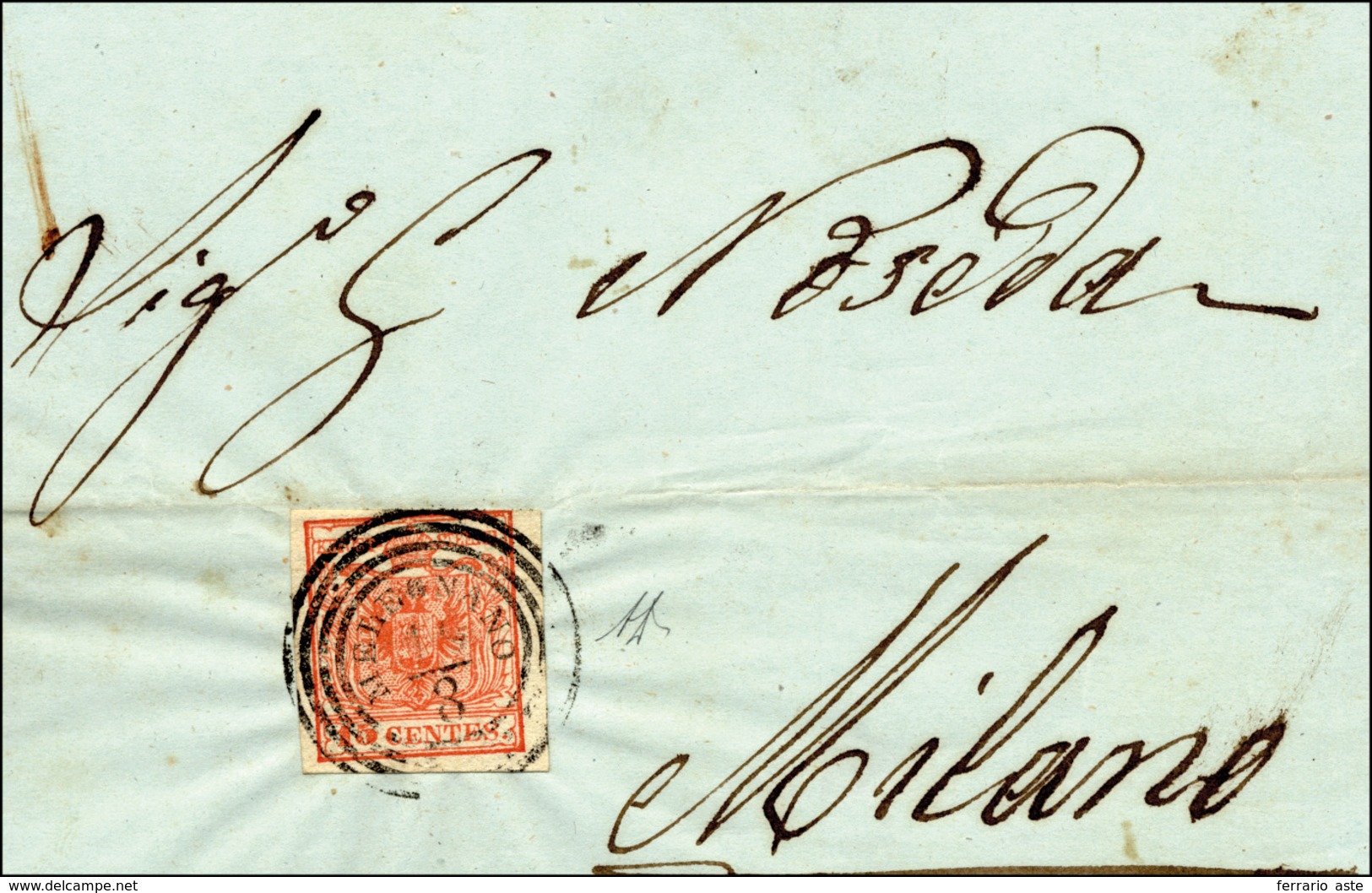 204 MELEGNANO, Punti 9 - 15 Cent. (6) Perfetto, Su Sovracoperta Di Lettera Del 19/8/1854 Per Milano.... - Lombardy-Venetia