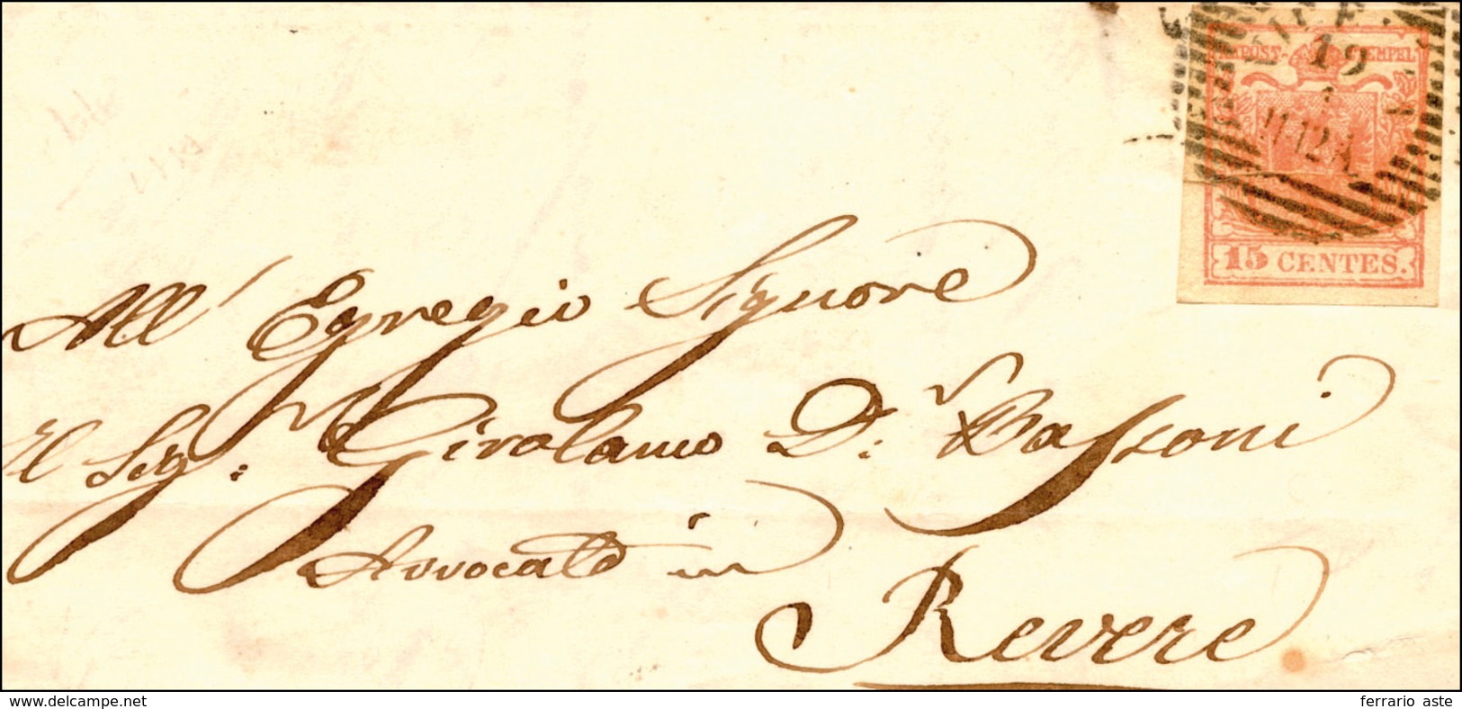 219 VICENZA, LO11-12A Punti 9 - 15 Cent. (5), Pli Accordéon, Perfetto, Su Lettera Del 12/1/1852 Per Reve... - Lombardo-Venetien