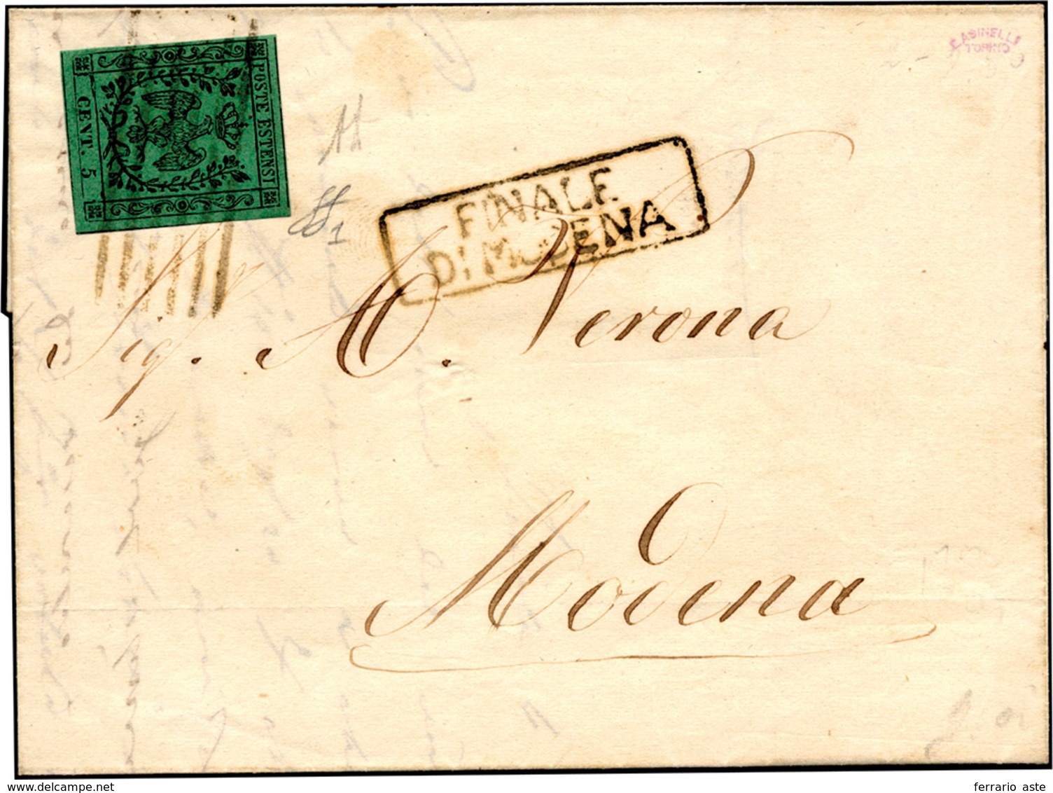 223 1853 - 5 Cent. Verde, I Emissione (1), Perfetto, Su Lettera Da Finale Di Modena 4/11/1853 A Modena. ... - Modena