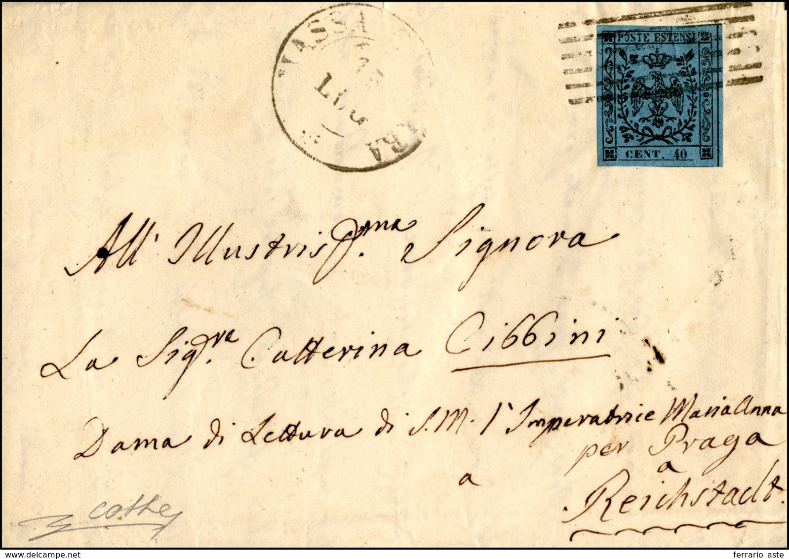 233 1853 - 40 Cent. Celeste (5), Perfetto, Su Lettera Da Massa Carrara 13/7/1853 A Reichstadt, Antichi S... - Modena