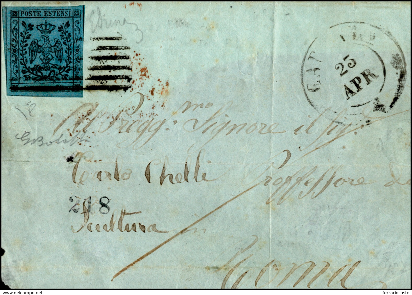 234 1854 - 40 Cent. Celeste (5), Perfetto, Su Fronte E Parte Del Retro Di Lettera Da Carrara 23/4/1854 A... - Modena