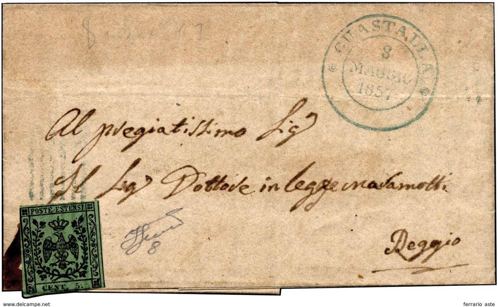 239 1857 - 5 Cent. Verde Oliva (8), Perfetto, Su Lettera Da Guastalla 8/5/1857 A Reggio. Ferrario.... - Modena