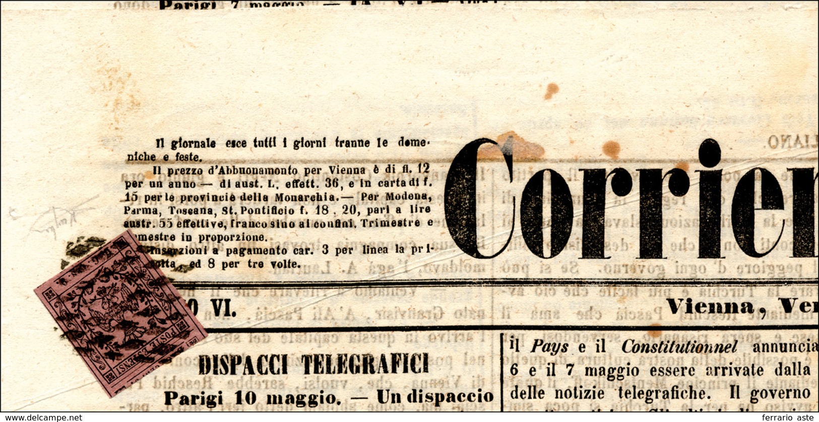 252 1855 - 9 Cent. Violetto Lillaceo, B.G. Piccole (2a), Perfetto Su Giornale " Corriere Italiano" Dell'... - Modena