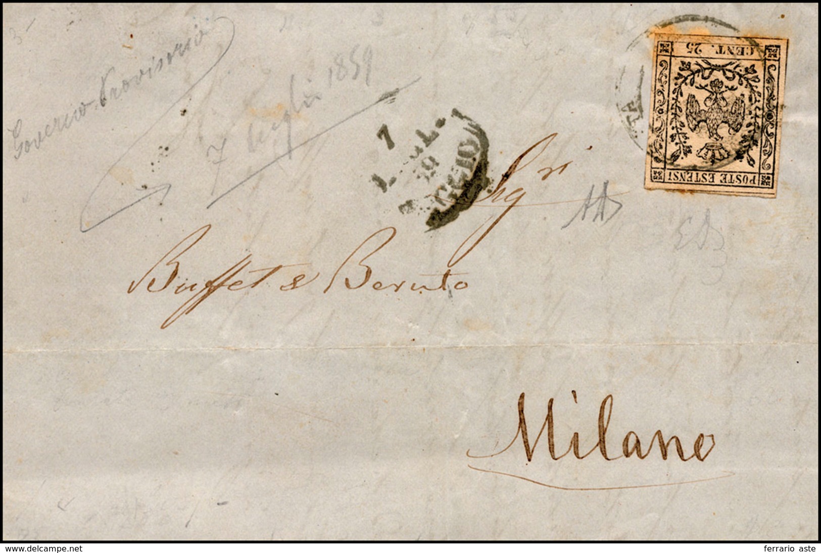 255 1859 - 25 Cent. Camoscio Chiaro (4), Perfetto, Su Lettera Da Reggio 7/7/1859 Per Milano, Durante Il ... - Modena