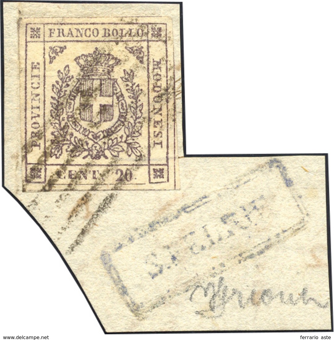 267 1859 - 20 Cent. Lilla Grigio Chiaro (16), Perfetto, Usato Su Piccolo Frammento A San Felice. Grioni,... - Modena