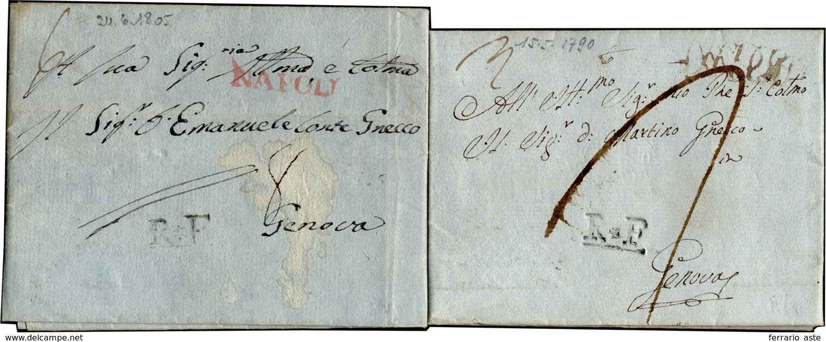 274 1790/1805 - Due Lettere Prefilateliche Da Napoli A Genova, Entrambe Con Bollo "R.F.". Rare.... - Naples