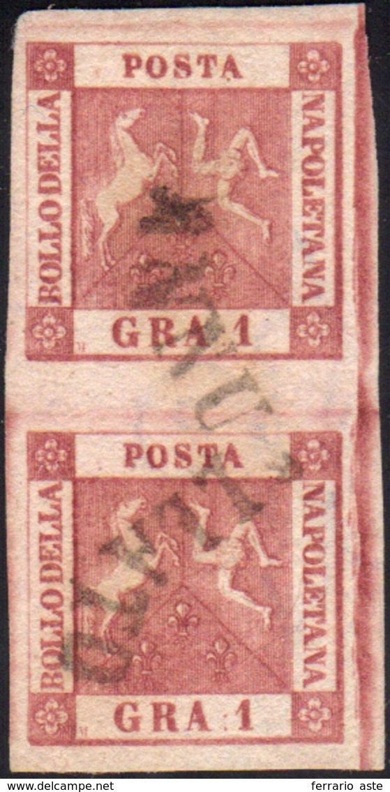291 1859 - 1 Grano Carminio, II Tavola (4a), Coppia Verticale Usata Con Annullo A Svolazzo. Molto Bella!... - Nápoles