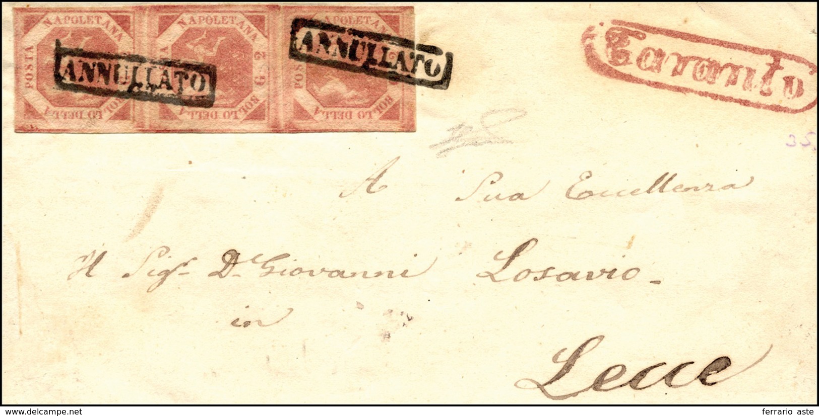 293 1858 - 2 Grana Rosa Carminio, I Tavola (5d), Striscia Di Tre, Perfetta, Su Sovracoperta Di Lettera D... - Neapel