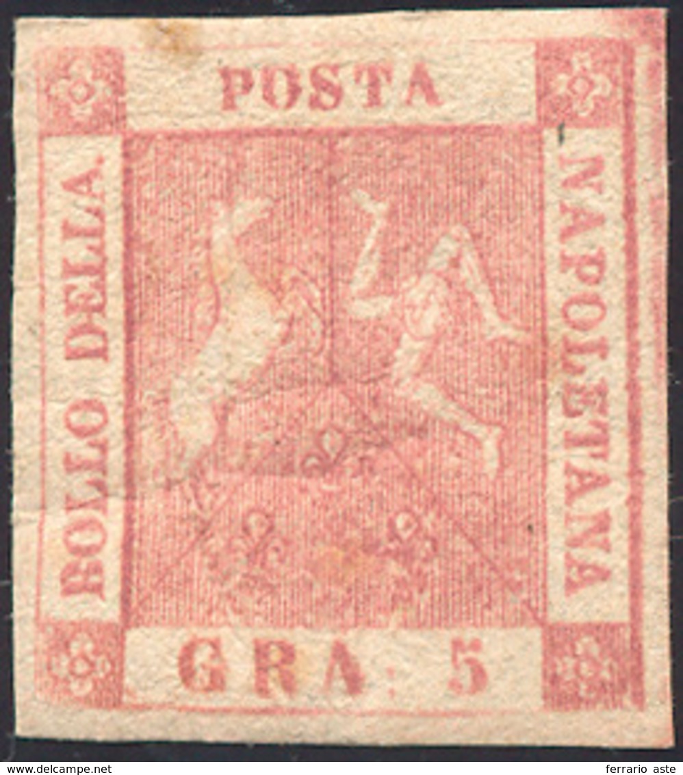 303 1858 - 5 Grana Rosa Brunastro, I Tavola (8), Nuovo, Gomma Originale, Lievi Ossidazioni, Ben Marginat... - Naples