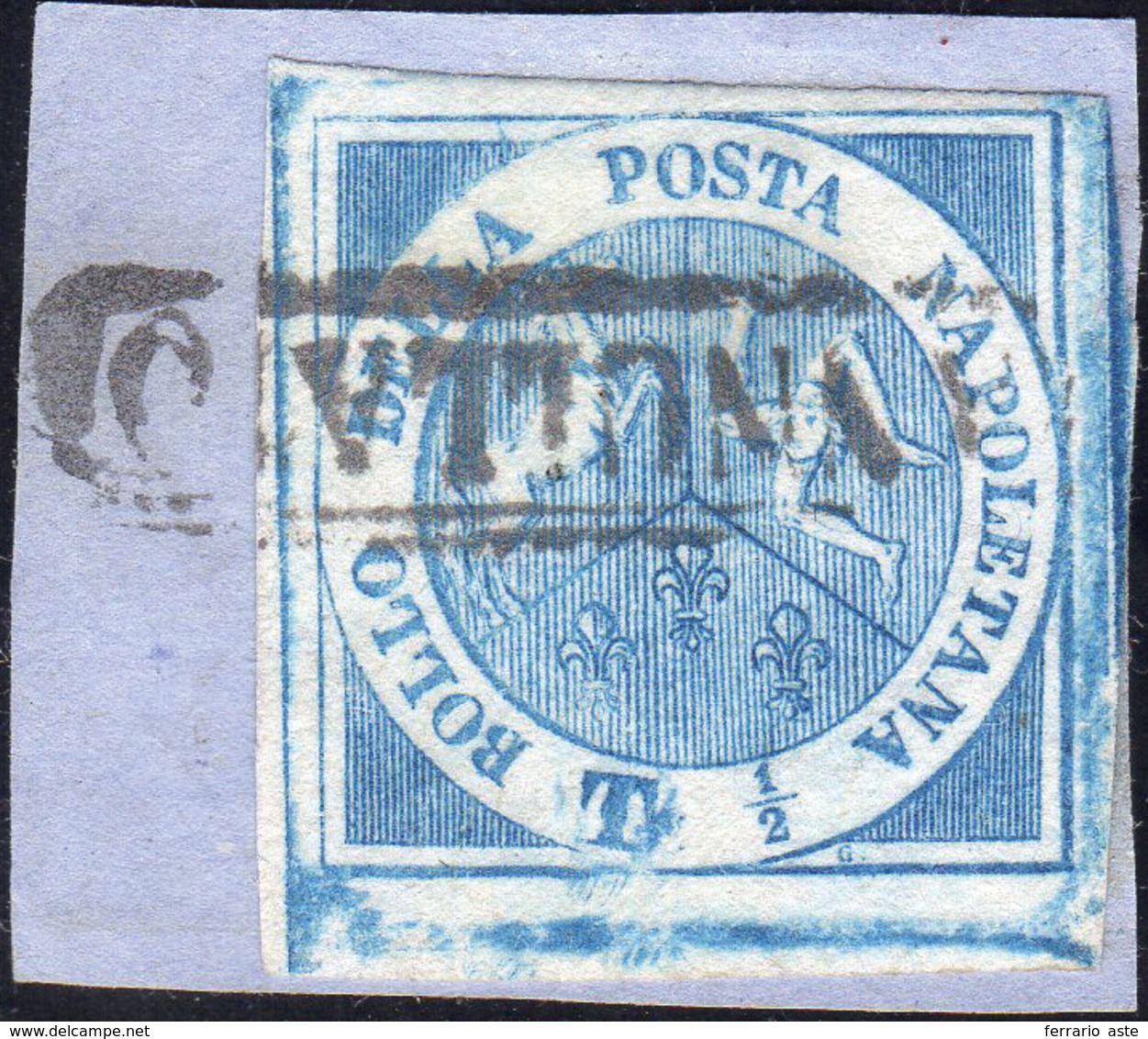 322 1860 - 1/2 Tornese Azzurro, Trinacria (15), Perfetto, Usato Su Piccolo Frammento. Molto Bello! Giuli... - Naples